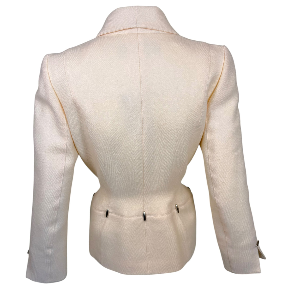 Vintage 1990s Thierry Mugler ivory twill skirt suit, interior label close-up