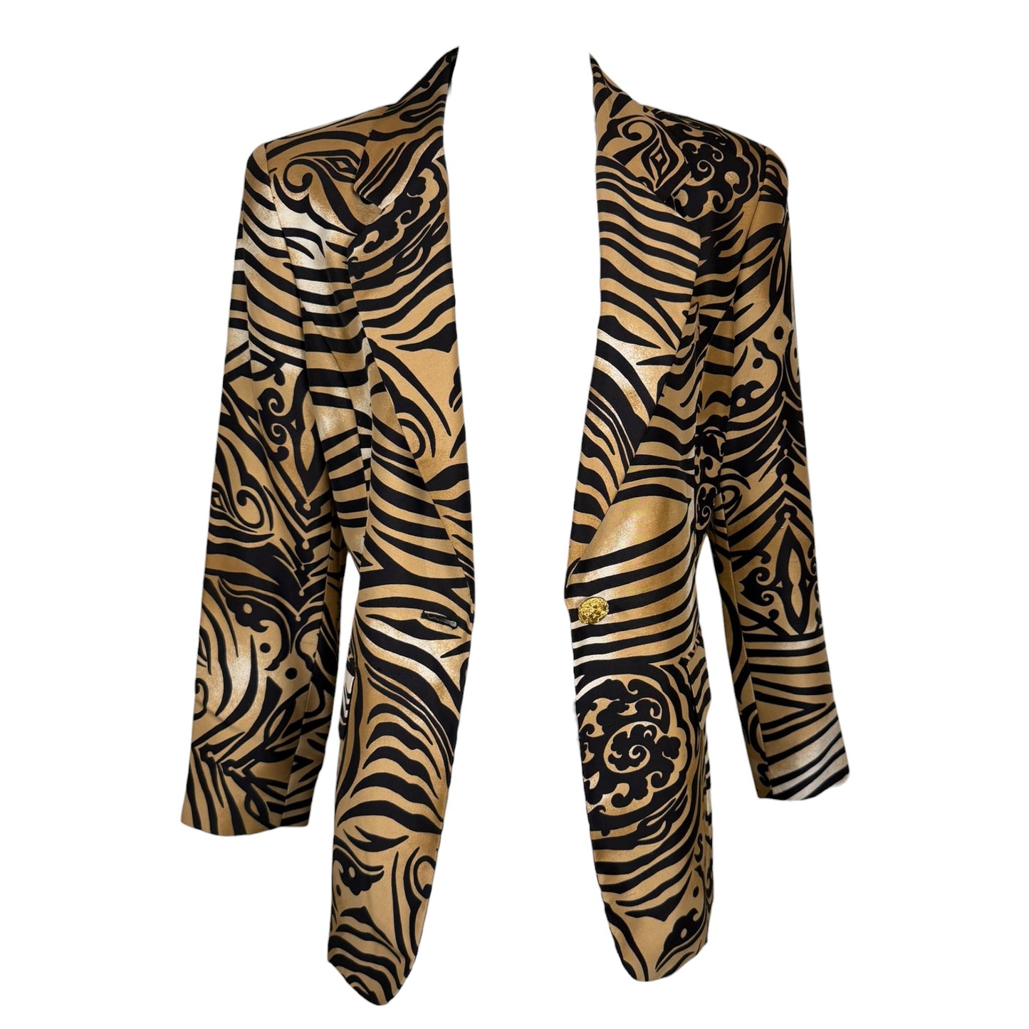 Vintage Caché 1990s Gold & Black Tribal Tiger Print Silk Blazer Size 8