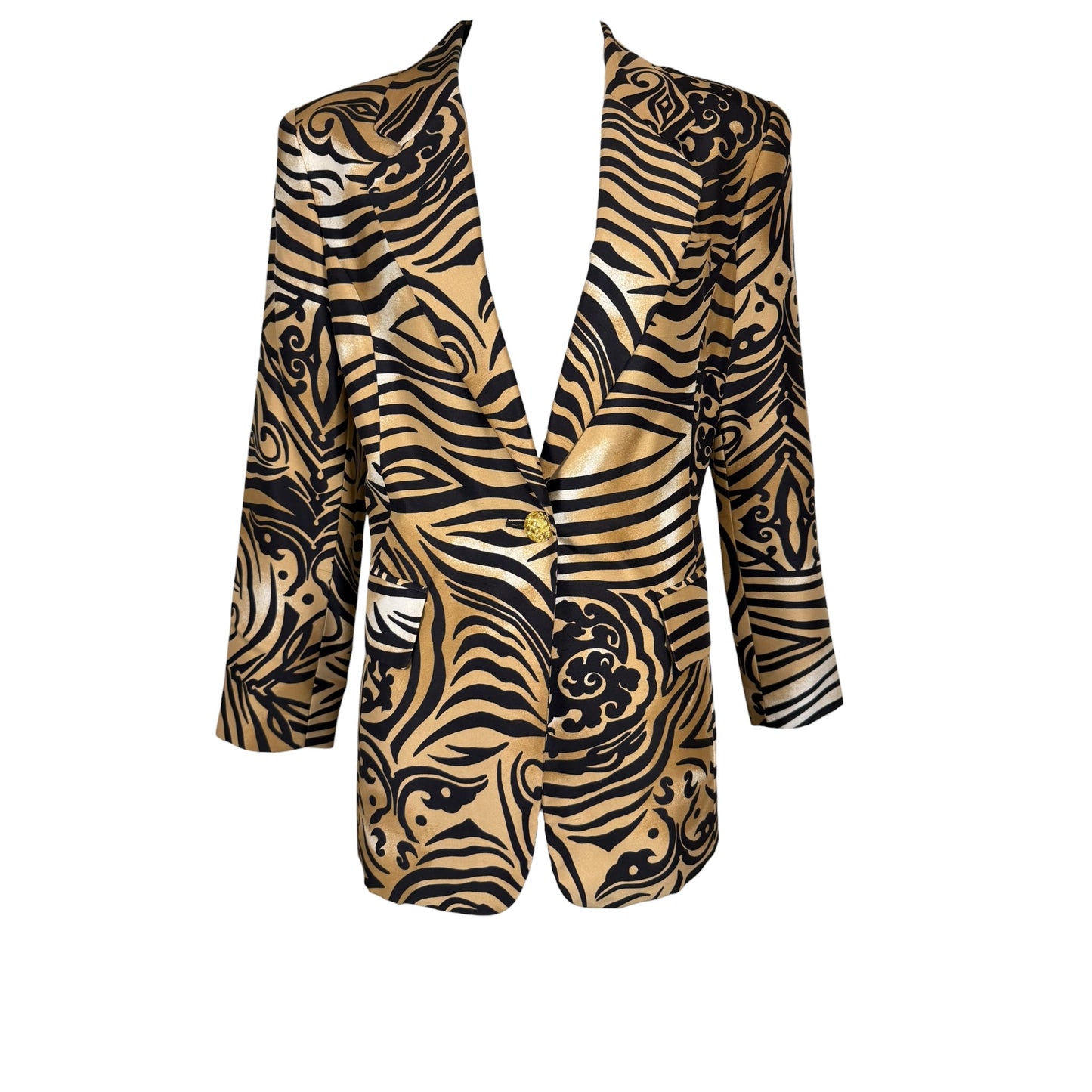 Vintage Caché 1990s Gold & Black Tribal Tiger Print Silk Blazer Size 8