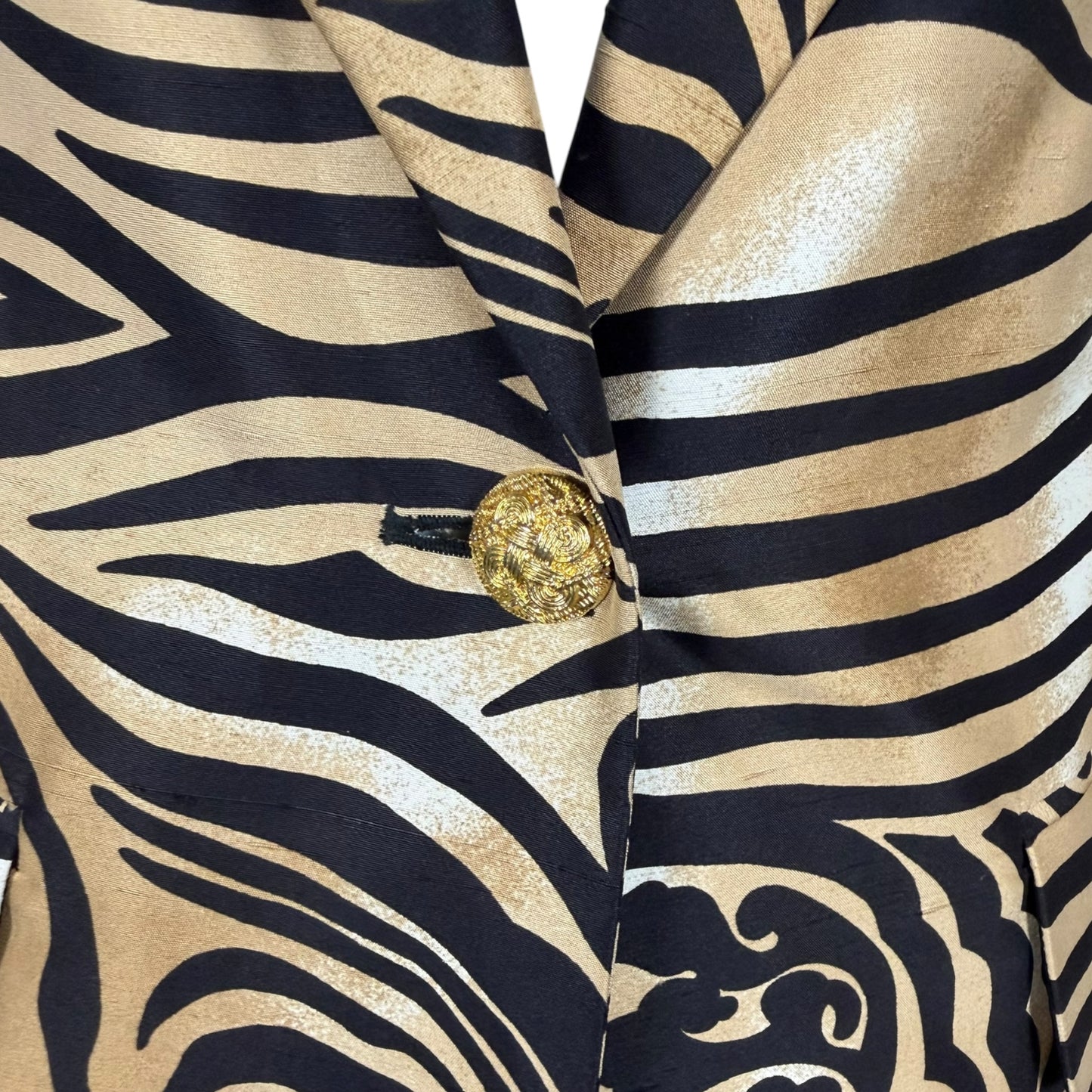 Vintage Caché 1990s Gold & Black Tribal Tiger Print Silk Blazer Size 8