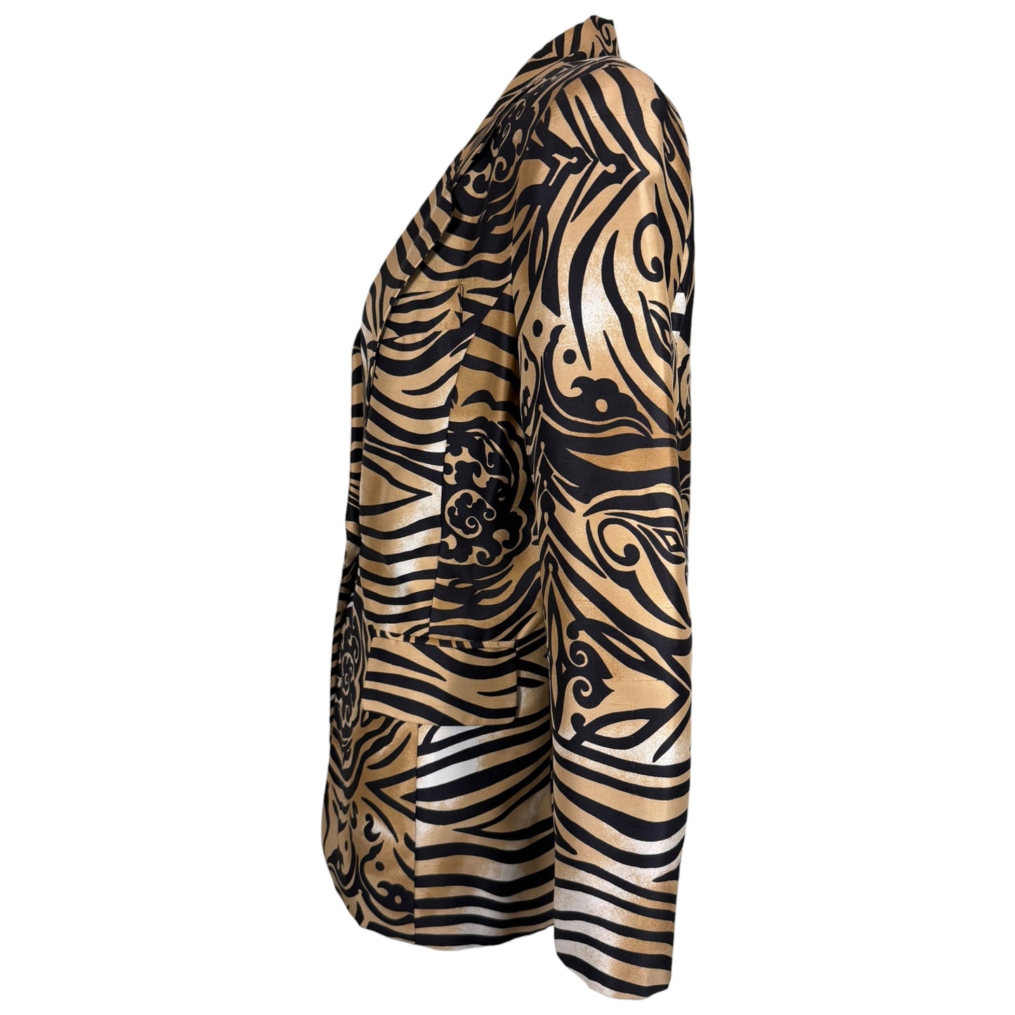 Vintage Caché 1990s Gold & Black Tribal Tiger Print Silk Blazer Size 8