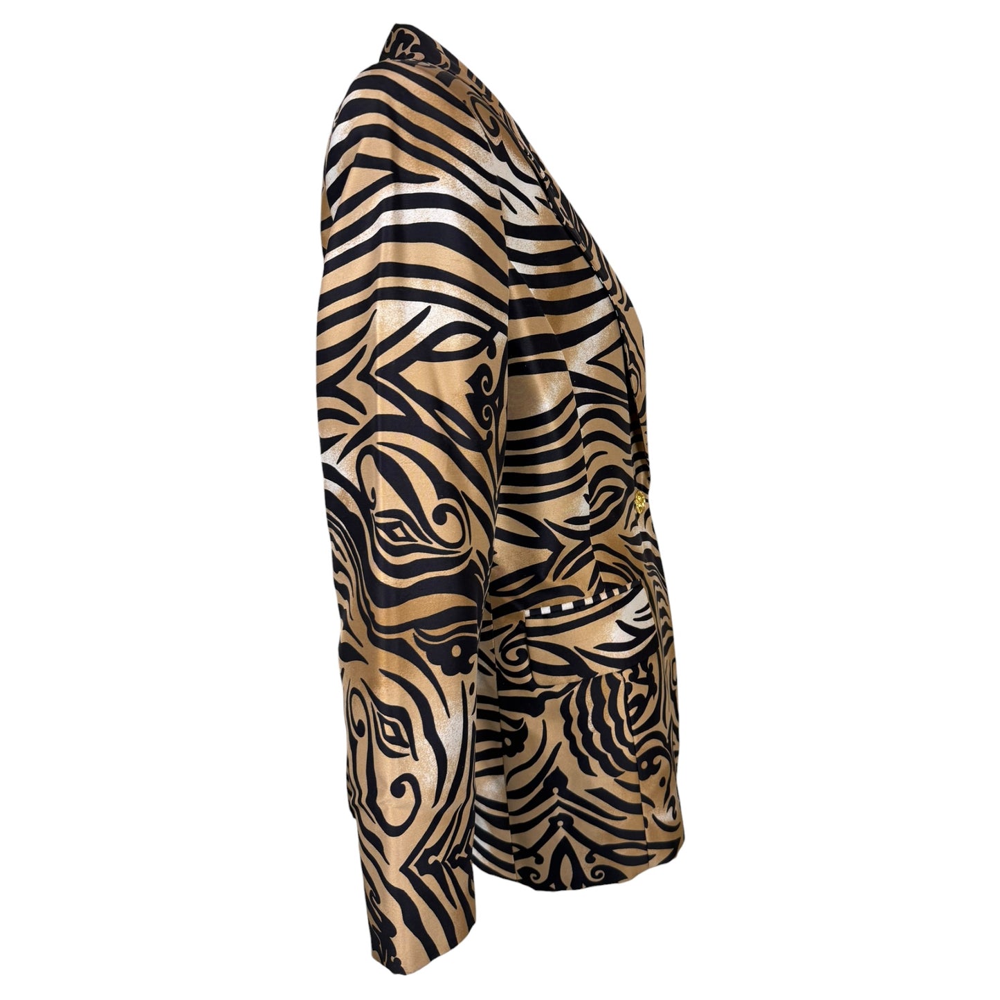Vintage Caché 1990s Gold & Black Tribal Tiger Print Silk Blazer Size 8