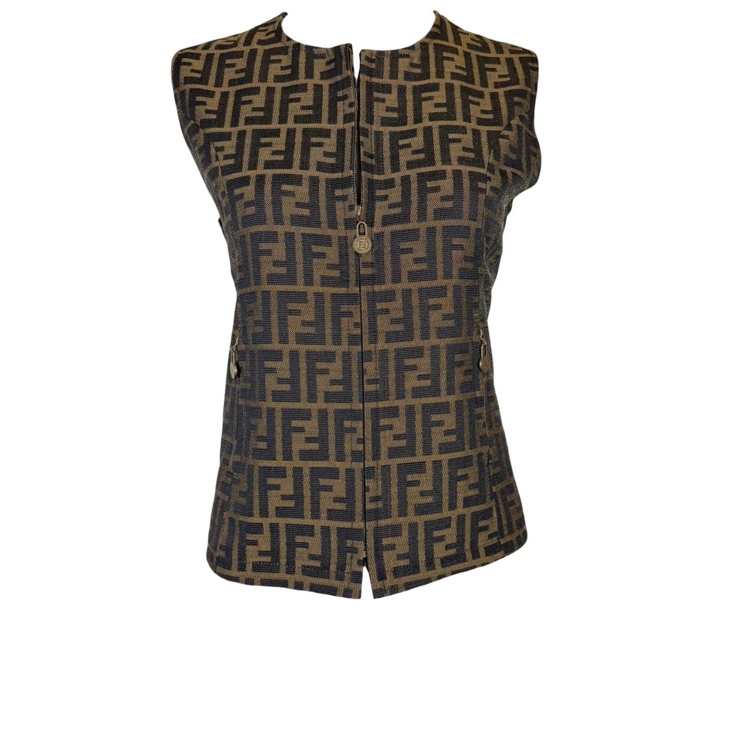 Vintage Y2K Fendi Jeans Brown & Black Zucca Monogram Zip Vest Size 8