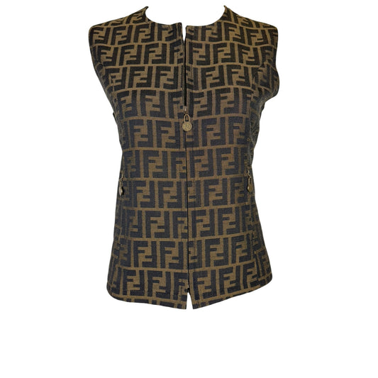 Vintage Y2K Fendi Jeans Brown & Black Zucca Monogram Zip Vest Size 8