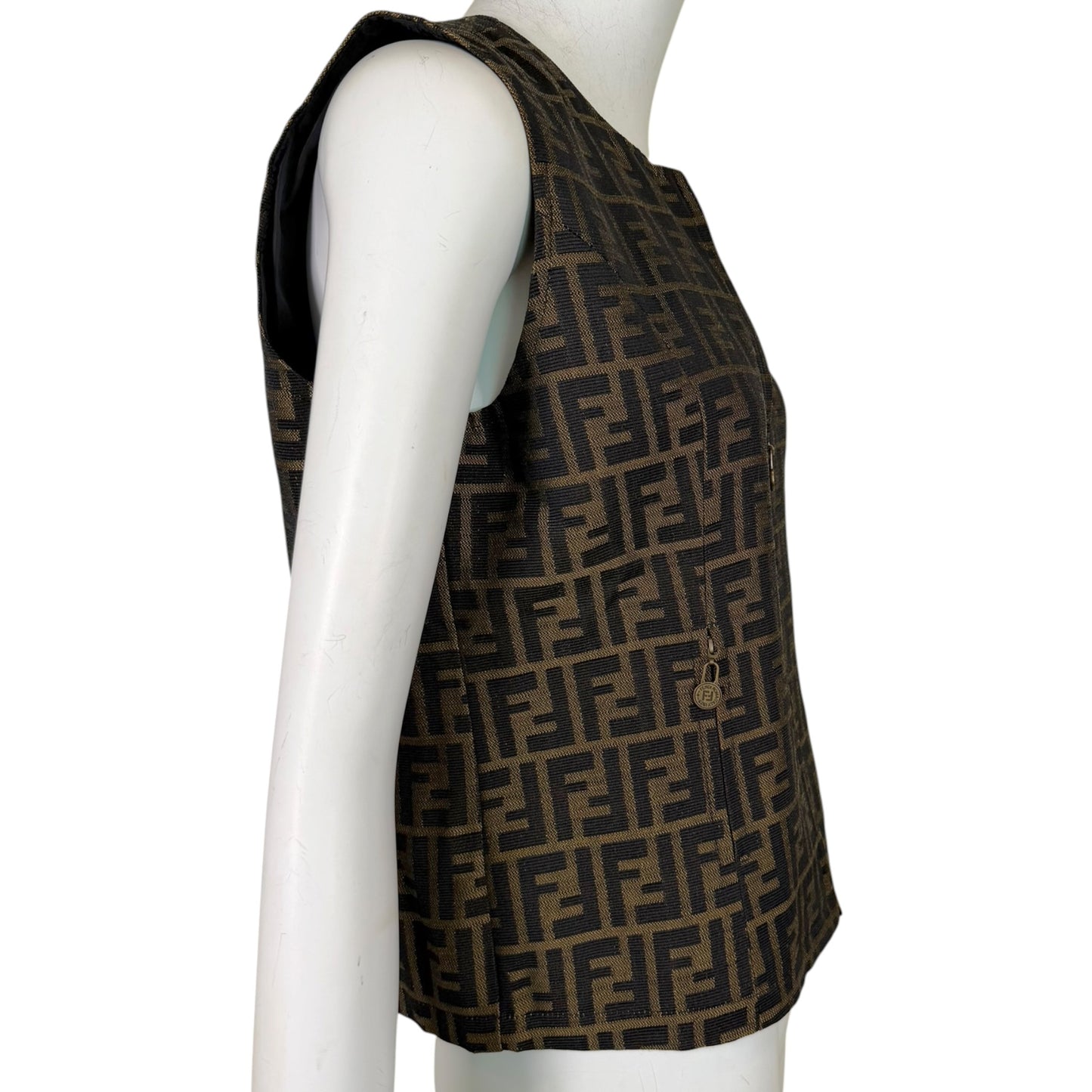 Vintage Y2K Fendi Jeans Brown & Black Zucca Monogram Zip Vest Size 8