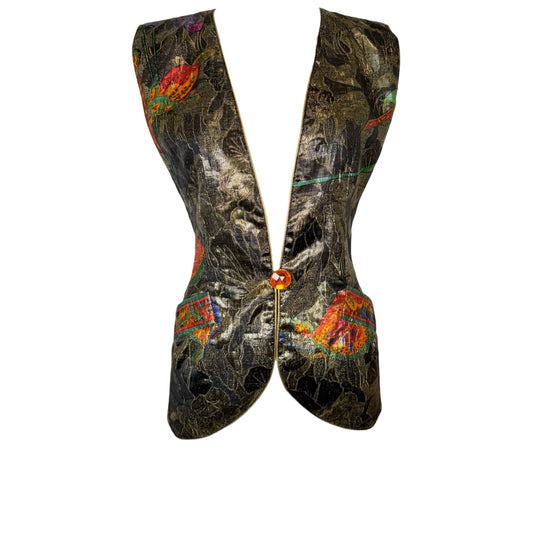 Vintage Leonard Paris 1970s Metallic Floral Jacquard Vest with Orange Crystal Button