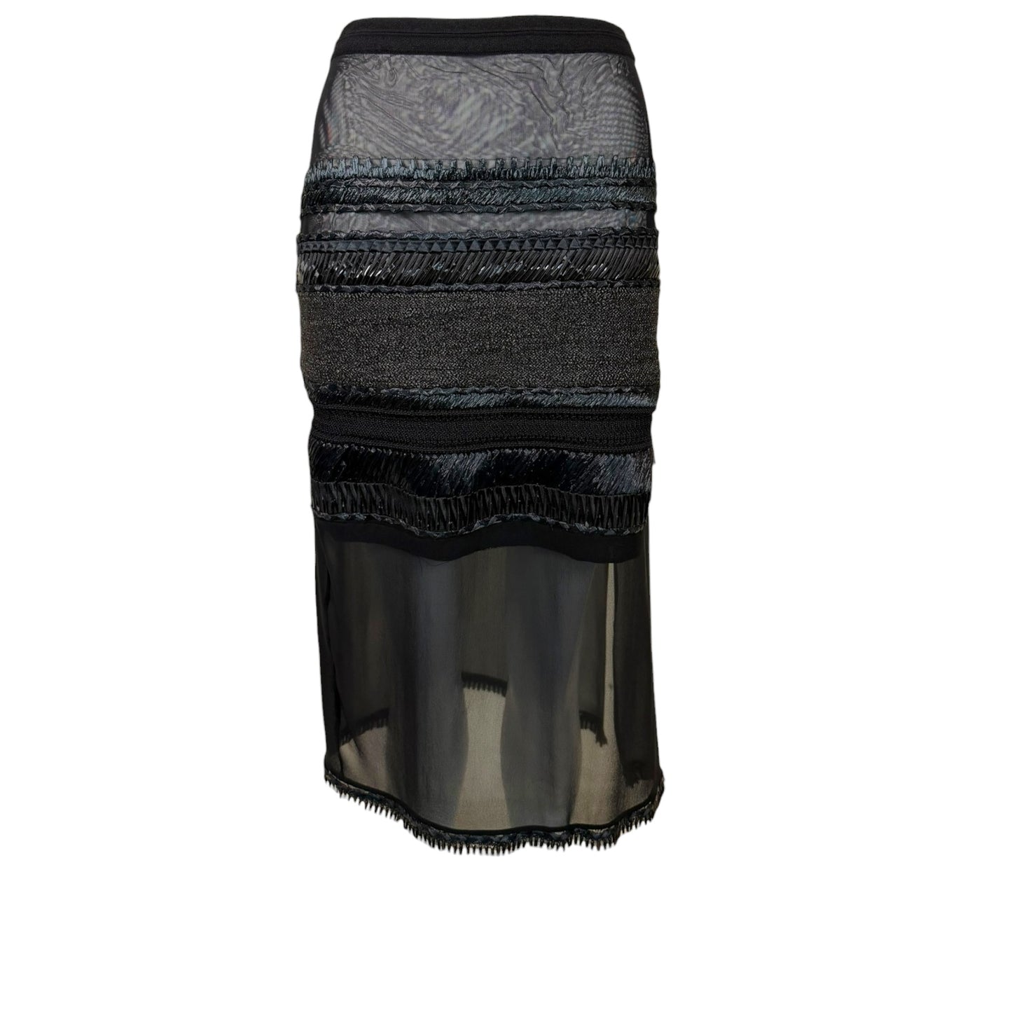 Vintage Gianfranco Ferré Black Sheer Mixed Media Raffia Trim Midi Skirt - Size 48