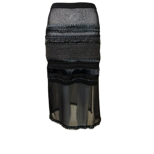 Vintage Gianfranco Ferré Black Sheer Mixed Media Raffia Trim Midi Skirt - Size 48