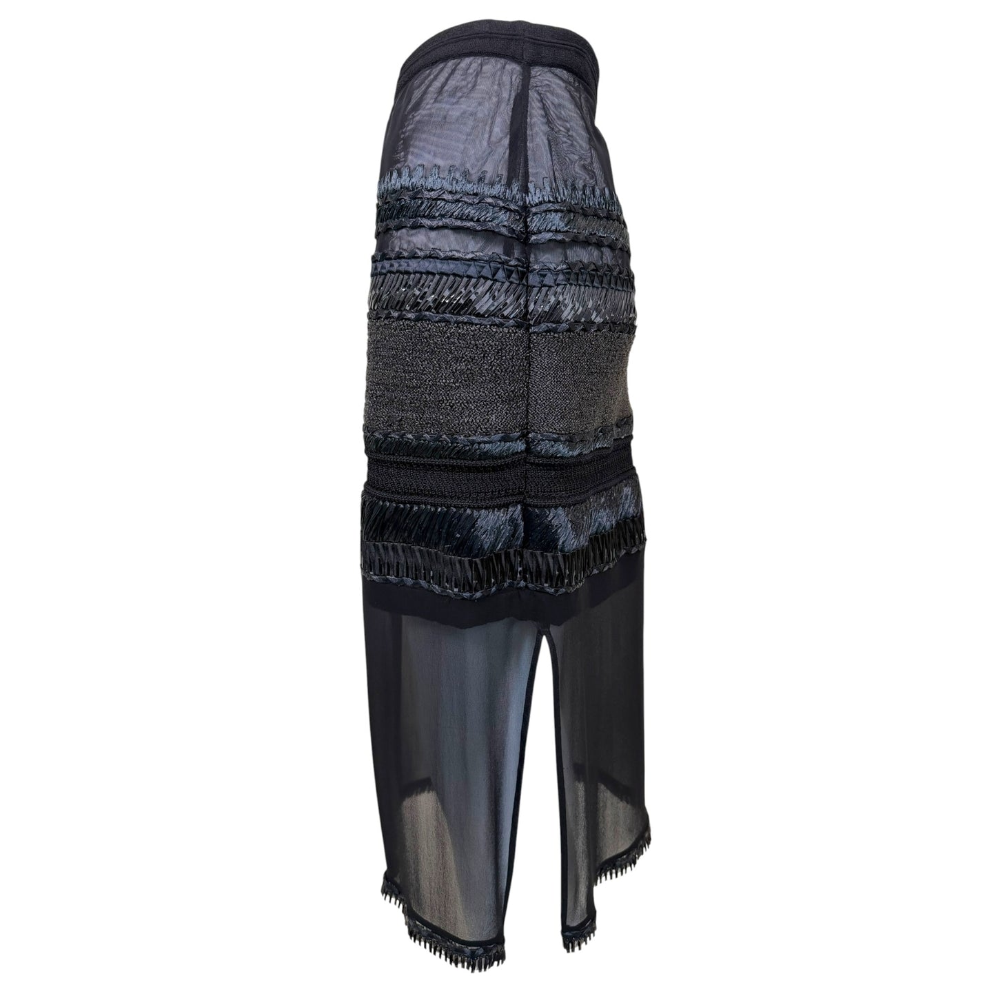 Vintage Gianfranco Ferré Black Sheer Mixed Media Raffia Trim Midi Skirt - Size 48