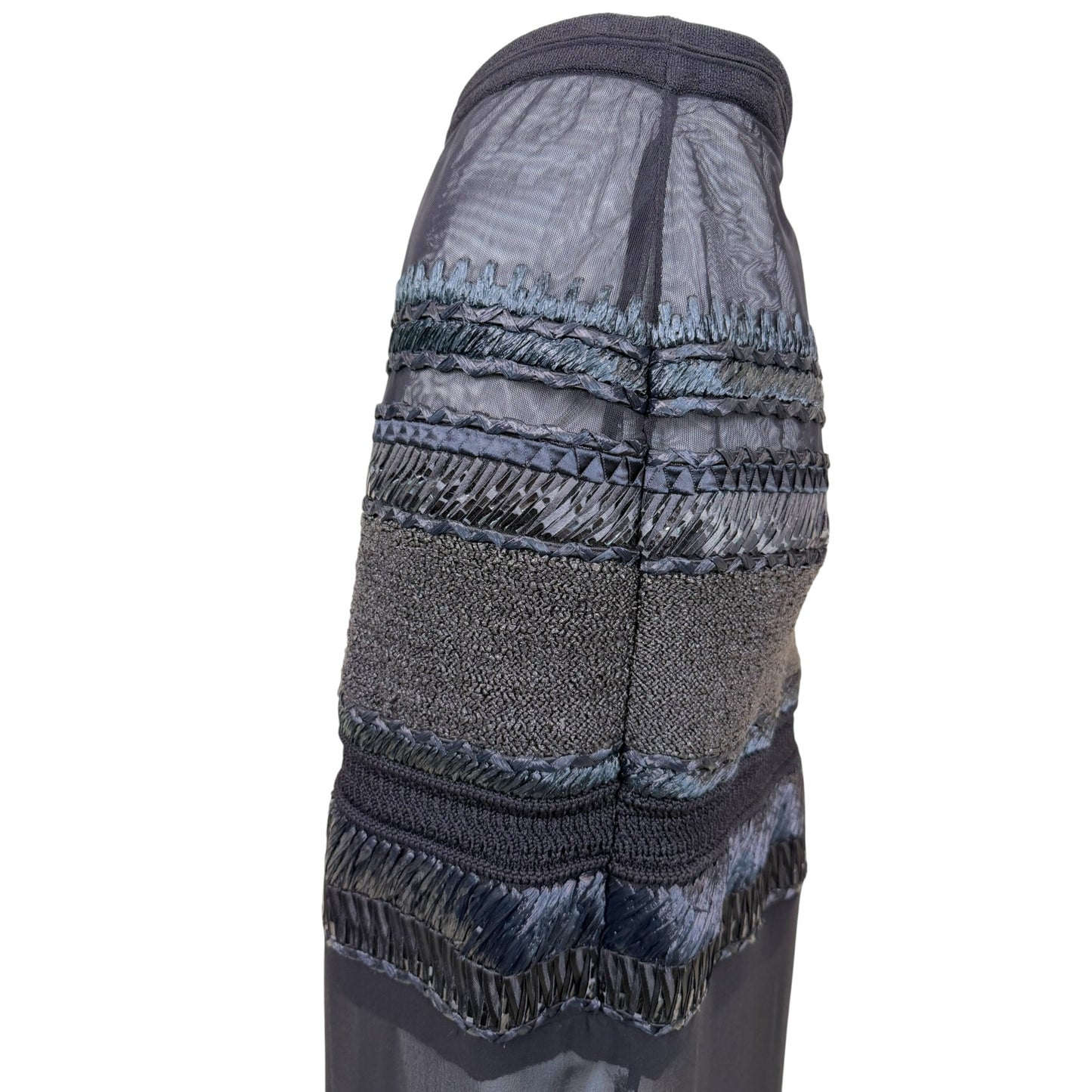 Vintage Gianfranco Ferré Black Sheer Mixed Media Raffia Trim Midi Skirt - Size 48