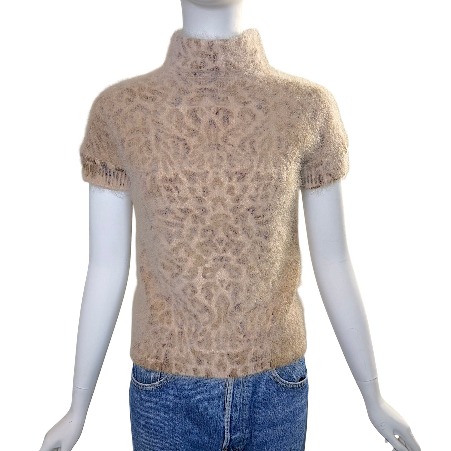 Valentino Cream Angora Leopard Print Short-Sleeve Mock Neck Sweater | Size Medium