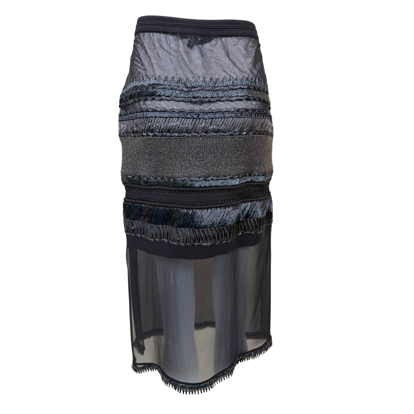 Vintage Gianfranco Ferré Black Sheer Mixed Media Raffia Trim Midi Skirt - Size 48