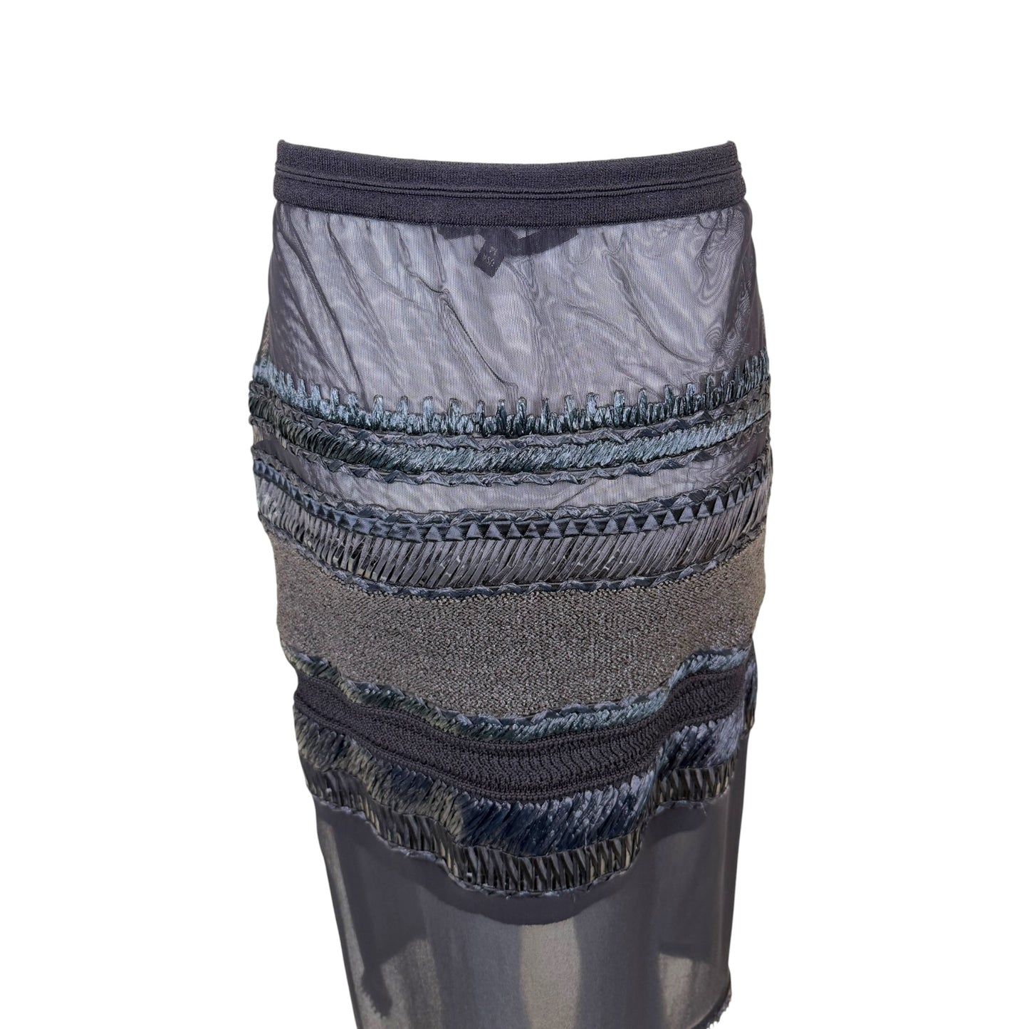 Vintage Gianfranco Ferré Black Sheer Mixed Media Raffia Trim Midi Skirt - Size 48