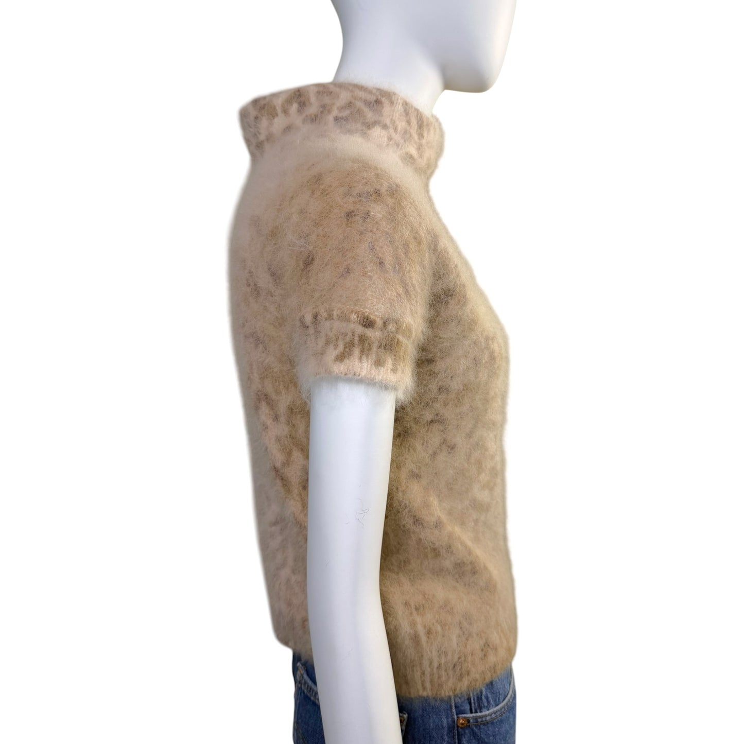 Valentino Cream Angora Leopard Print Short-Sleeve Mock Neck Sweater | Size Medium