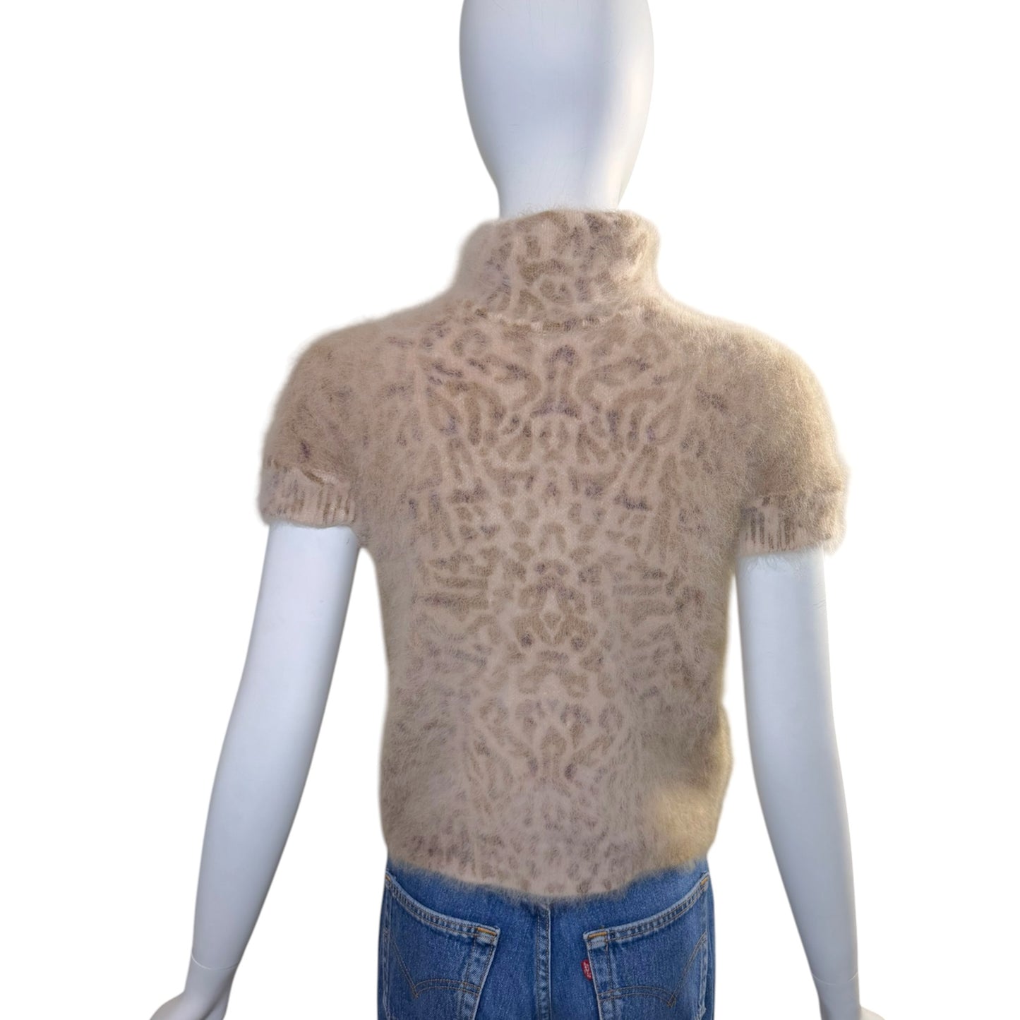 Valentino Cream Angora Leopard Print Short-Sleeve Mock Neck Sweater | Size Medium