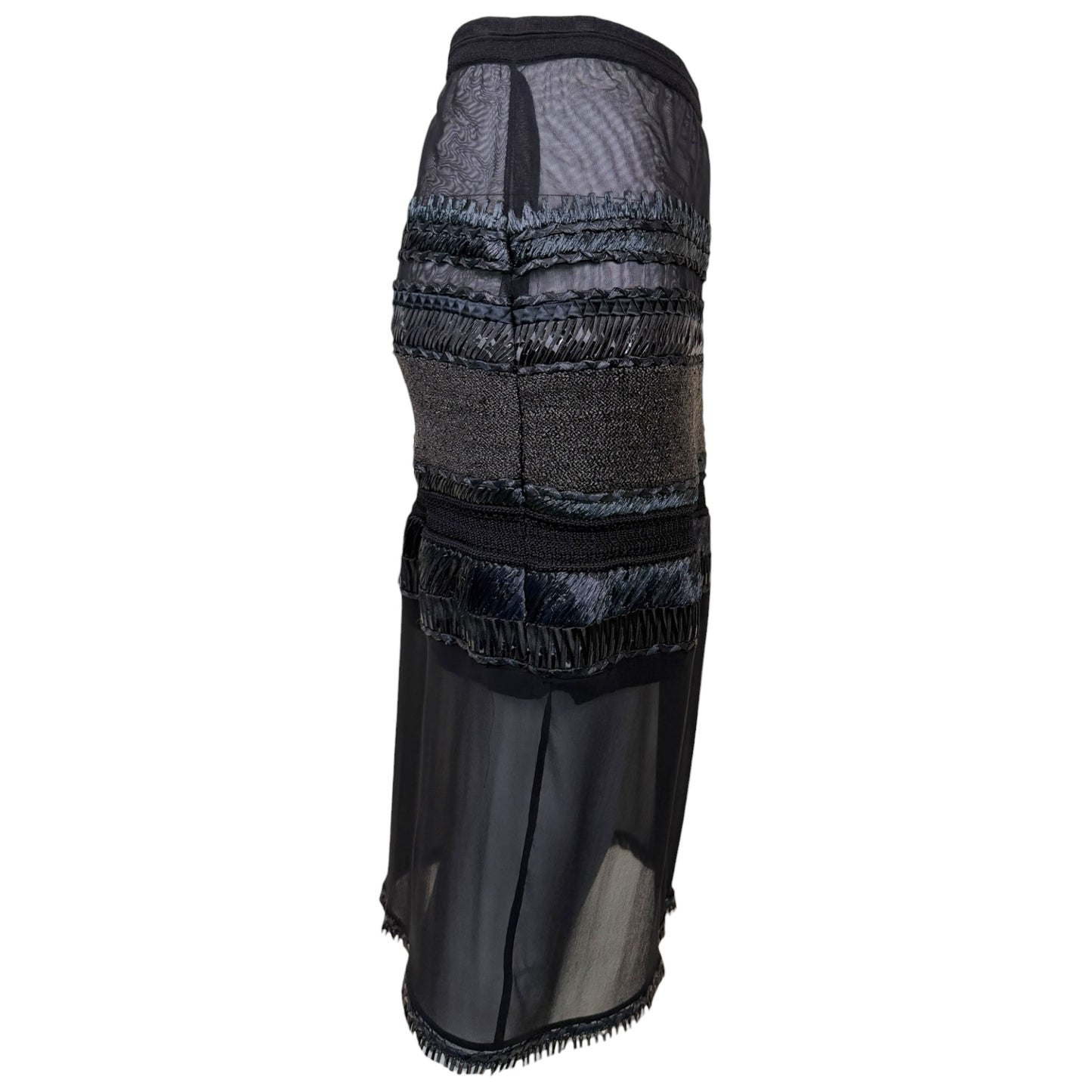 Vintage Gianfranco Ferré Black Sheer Mixed Media Raffia Trim Midi Skirt - Size 48