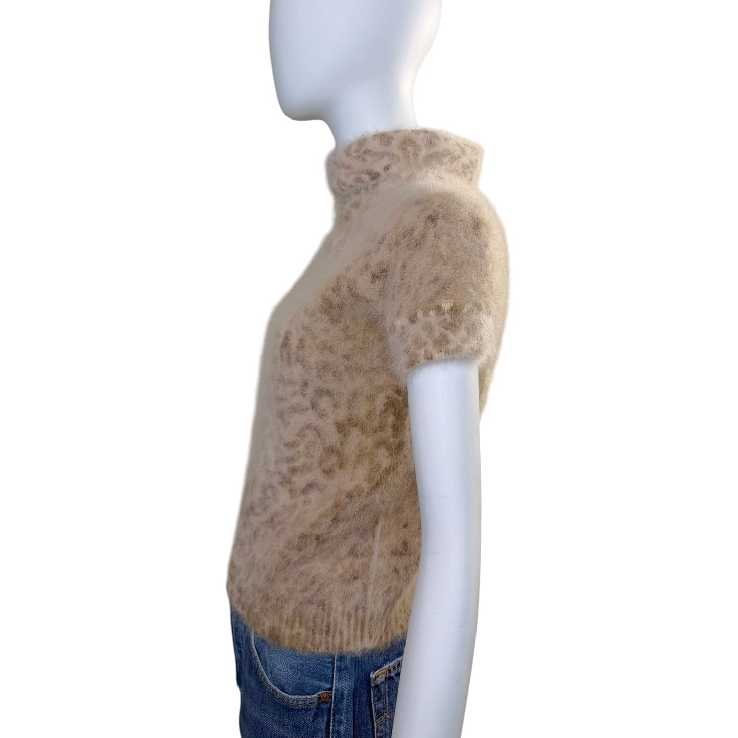 Valentino Cream Angora Leopard Print Short-Sleeve Mock Neck Sweater | Size Medium