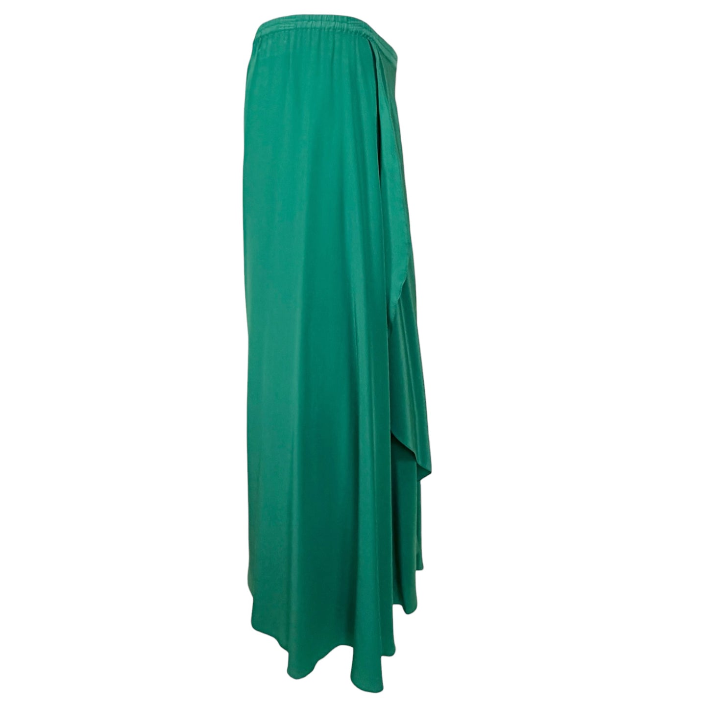 Vintage Emerald Green Silk Butterfly Print Three-Piece Ensemble with Draped Maxi Skirt and Sash Belt - Circa Late 1960s/Early 1970s