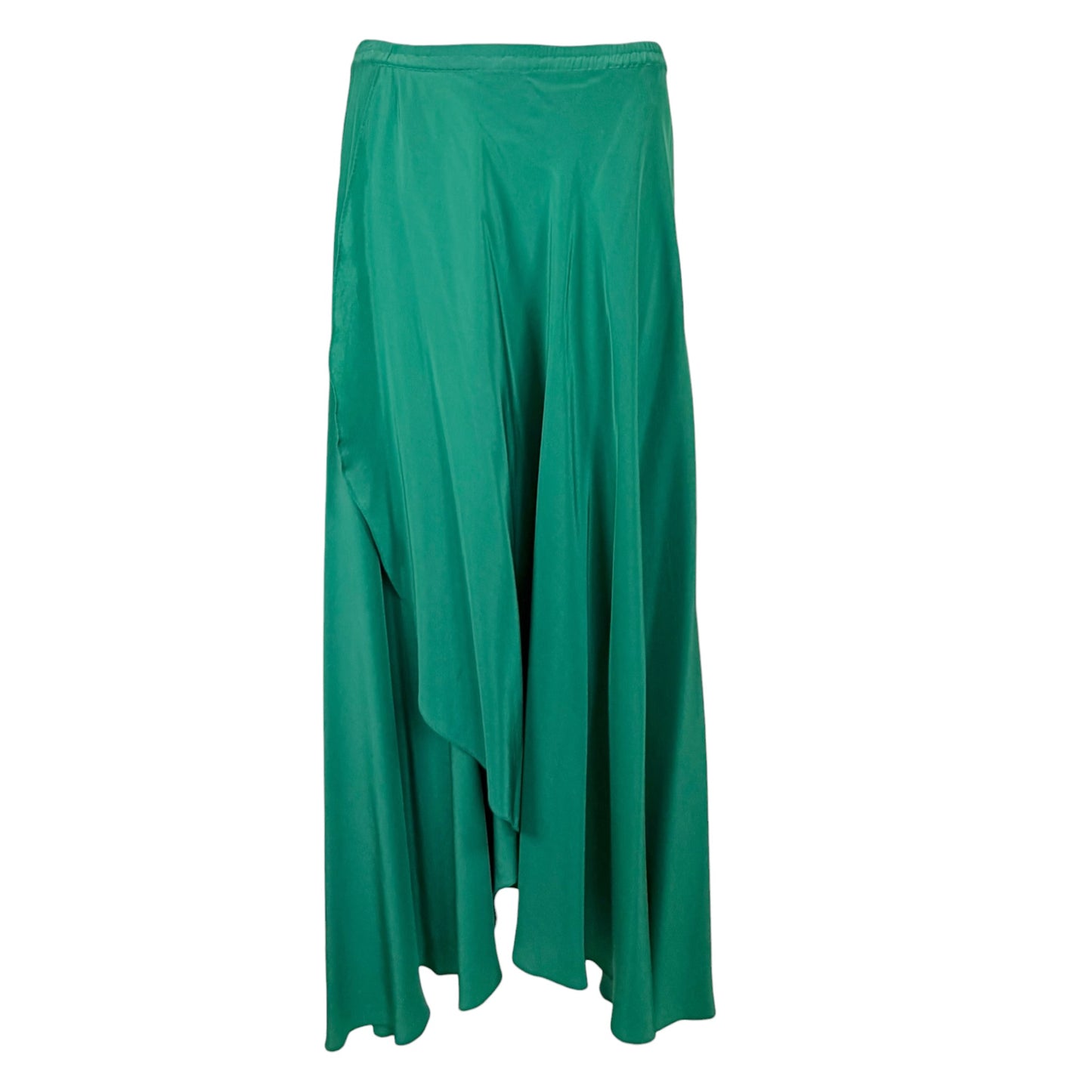 Vintage Emerald Green Silk Butterfly Print Three-Piece Ensemble with Draped Maxi Skirt and Sash Belt - Circa Late 1960s/Early 1970s