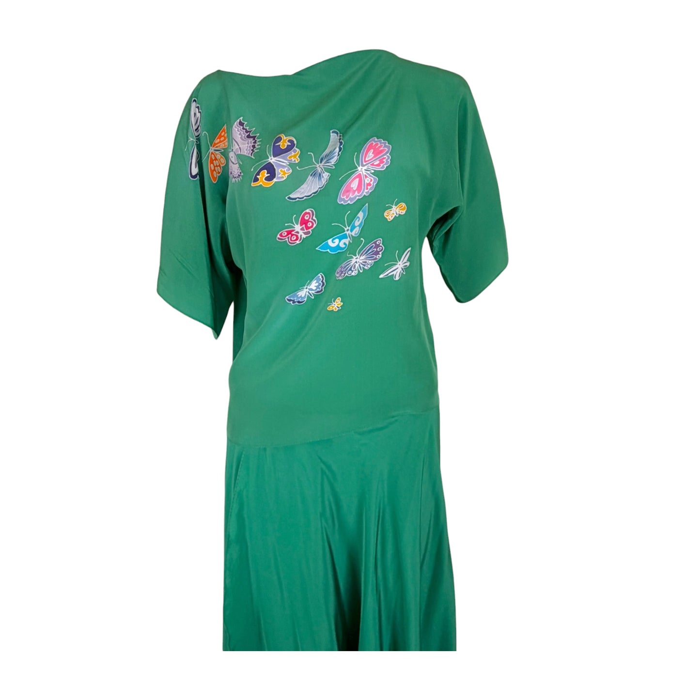 Vintage Emerald Green Silk Butterfly Print Three-Piece Ensemble with Draped Maxi Skirt and Sash Belt - Circa Late 1960s/Early 1970s