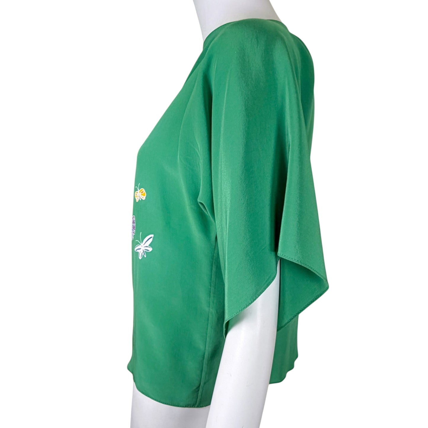 Vintage Emerald Green Silk Butterfly Print Three-Piece Ensemble with Draped Maxi Skirt and Sash Belt - Circa Late 1960s/Early 1970s