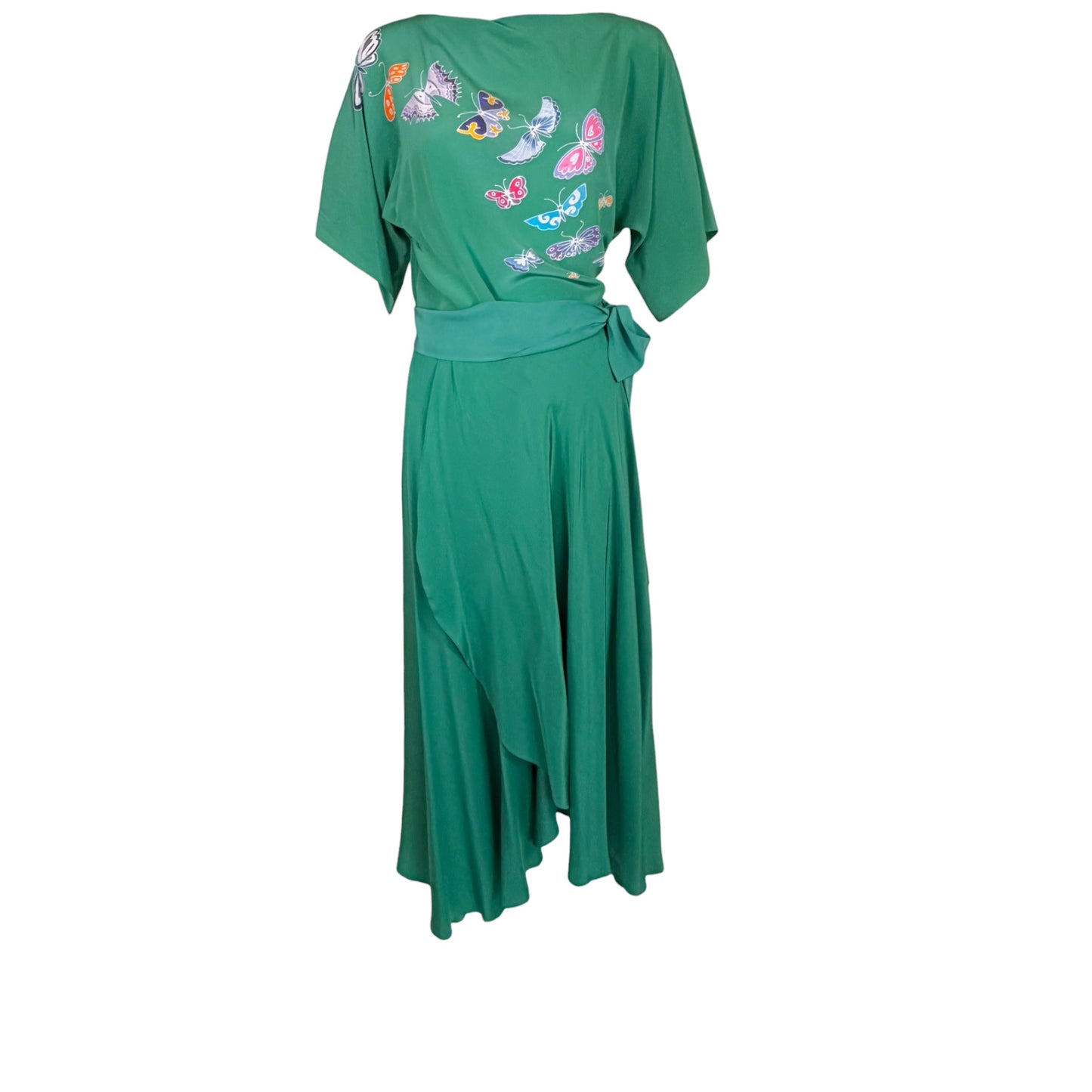 Vintage Emerald Green Silk Butterfly Print Three-Piece Ensemble with Draped Maxi Skirt and Sash Belt - Circa Late 1960s/Early 1970s