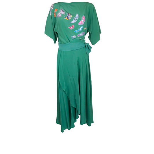 Vintage Emerald Green Silk Butterfly Print Three-Piece Ensemble with Draped Maxi Skirt and Sash Belt - Circa Late 1960s/Early 1970s