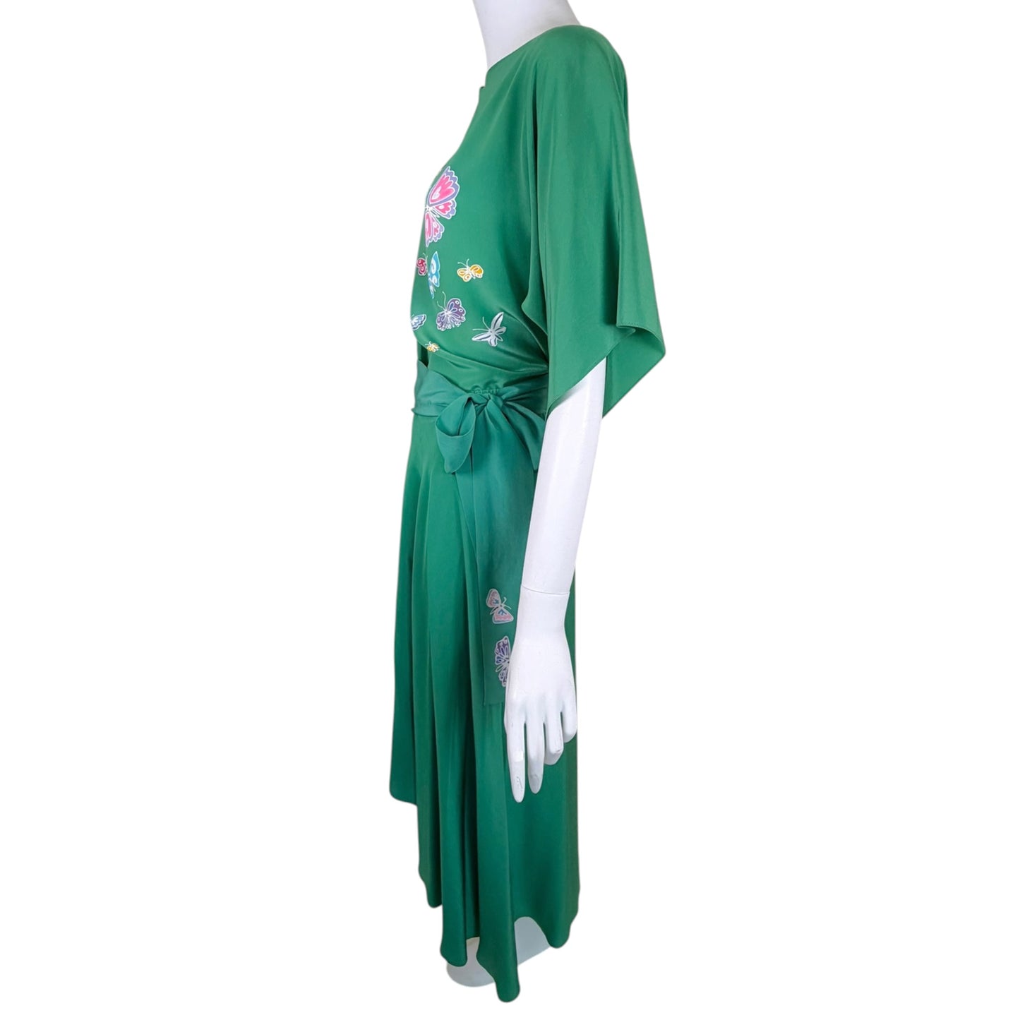 Vintage Emerald Green Silk Butterfly Print Three-Piece Ensemble with Draped Maxi Skirt and Sash Belt - Circa Late 1960s/Early 1970s