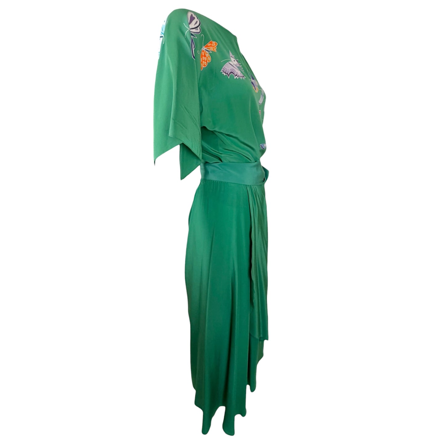 Vintage Emerald Green Silk Butterfly Print Three-Piece Ensemble with Draped Maxi Skirt and Sash Belt - Circa Late 1960s/Early 1970s
