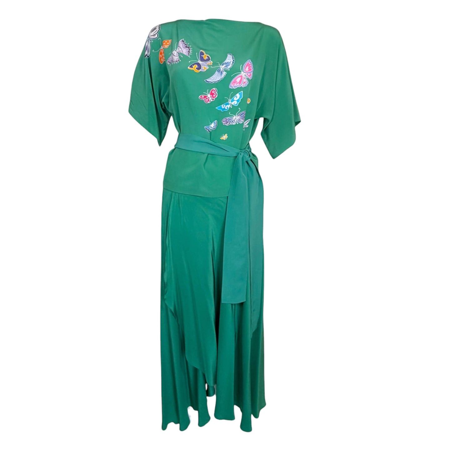 Vintage Emerald Green Silk Butterfly Print Three-Piece Ensemble with Draped Maxi Skirt and Sash Belt - Circa Late 1960s/Early 1970s