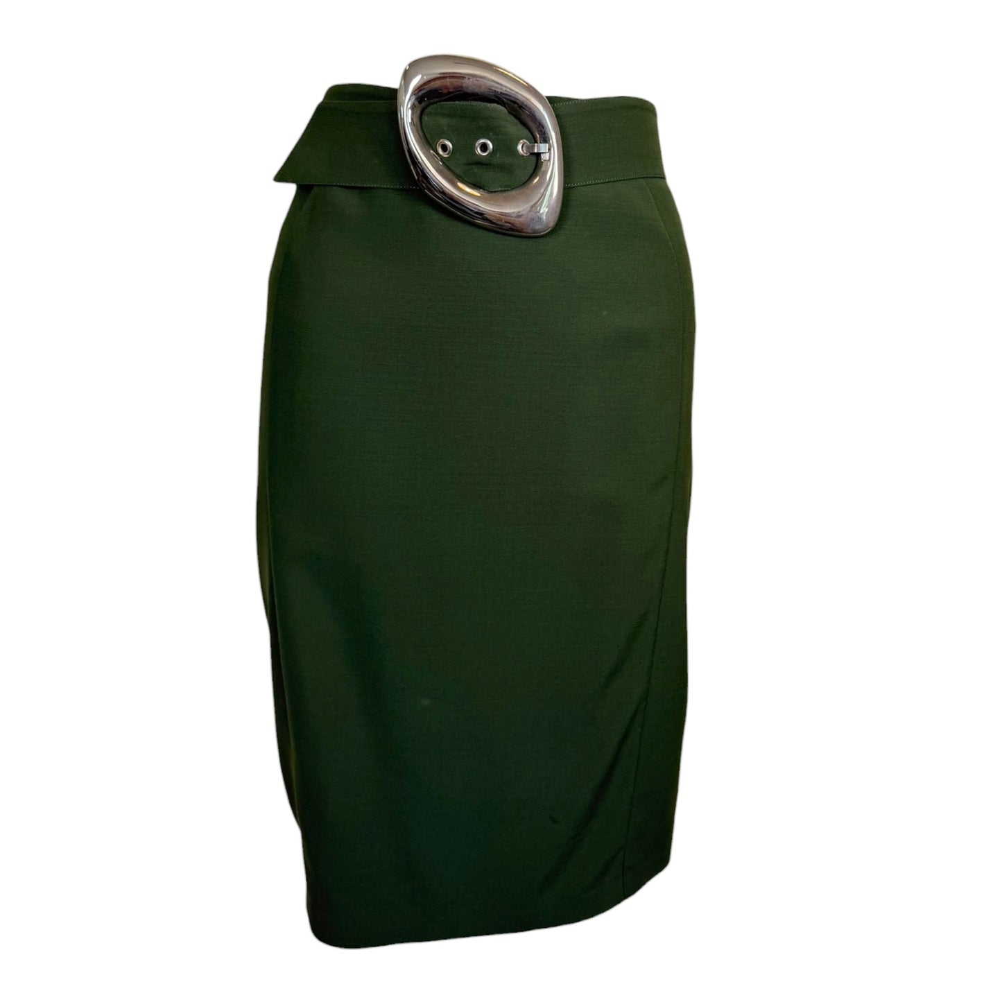 Vintage 1980s Thierry Mugler Forest Green Pencil Skirt with Sculptural Silver Buckle Belt