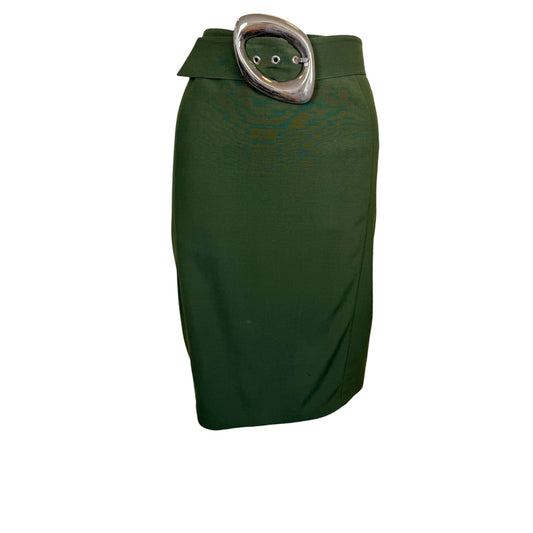 Vintage 1980s Thierry Mugler Forest Green Pencil Skirt with Sculptural Silver Buckle Belt