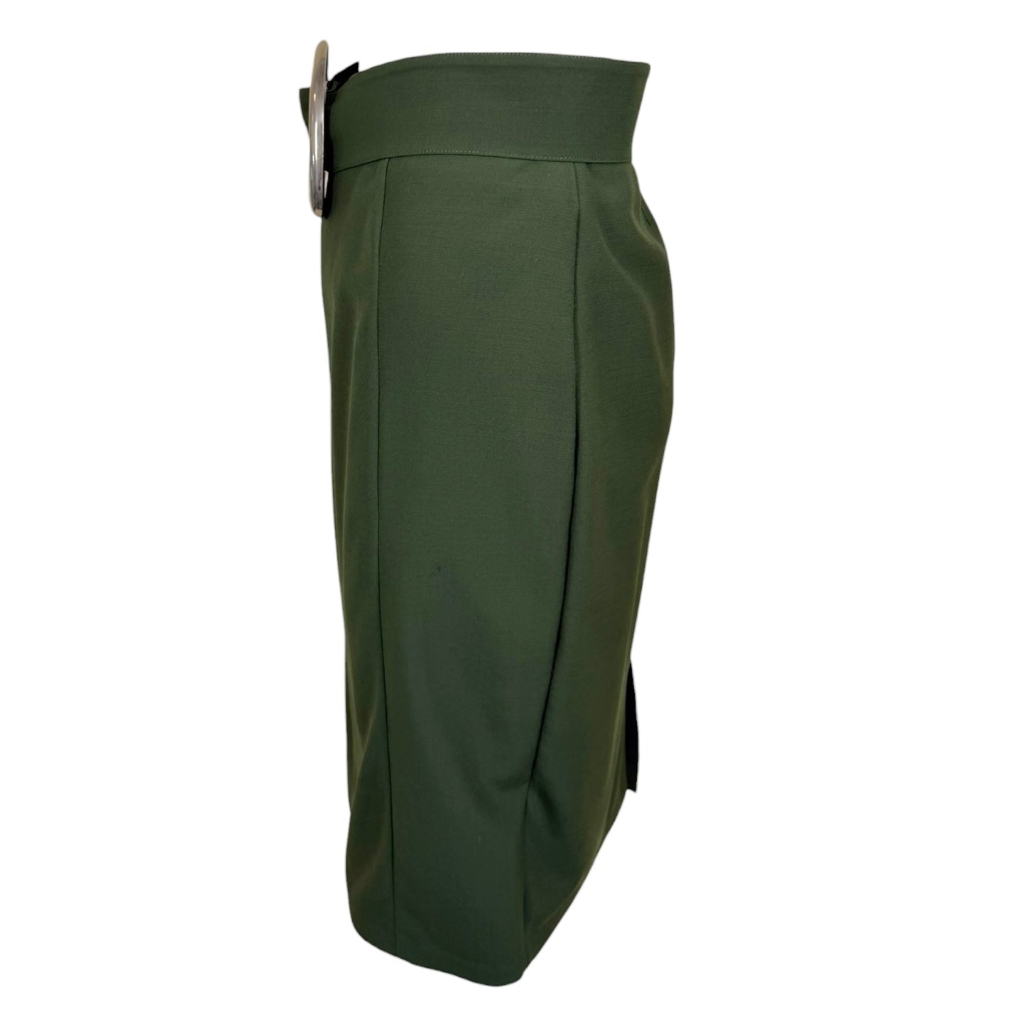 Vintage 1980s Thierry Mugler Forest Green Pencil Skirt with Sculptural Silver Buckle Belt