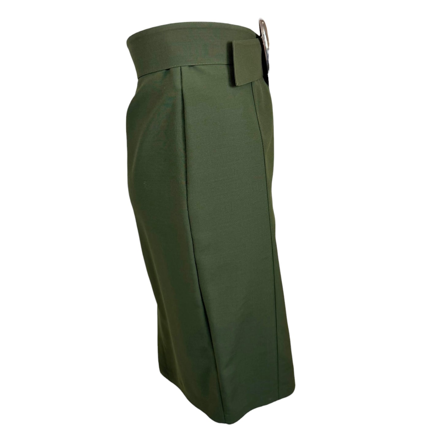 Vintage 1980s Thierry Mugler Forest Green Pencil Skirt with Sculptural Silver Buckle Belt
