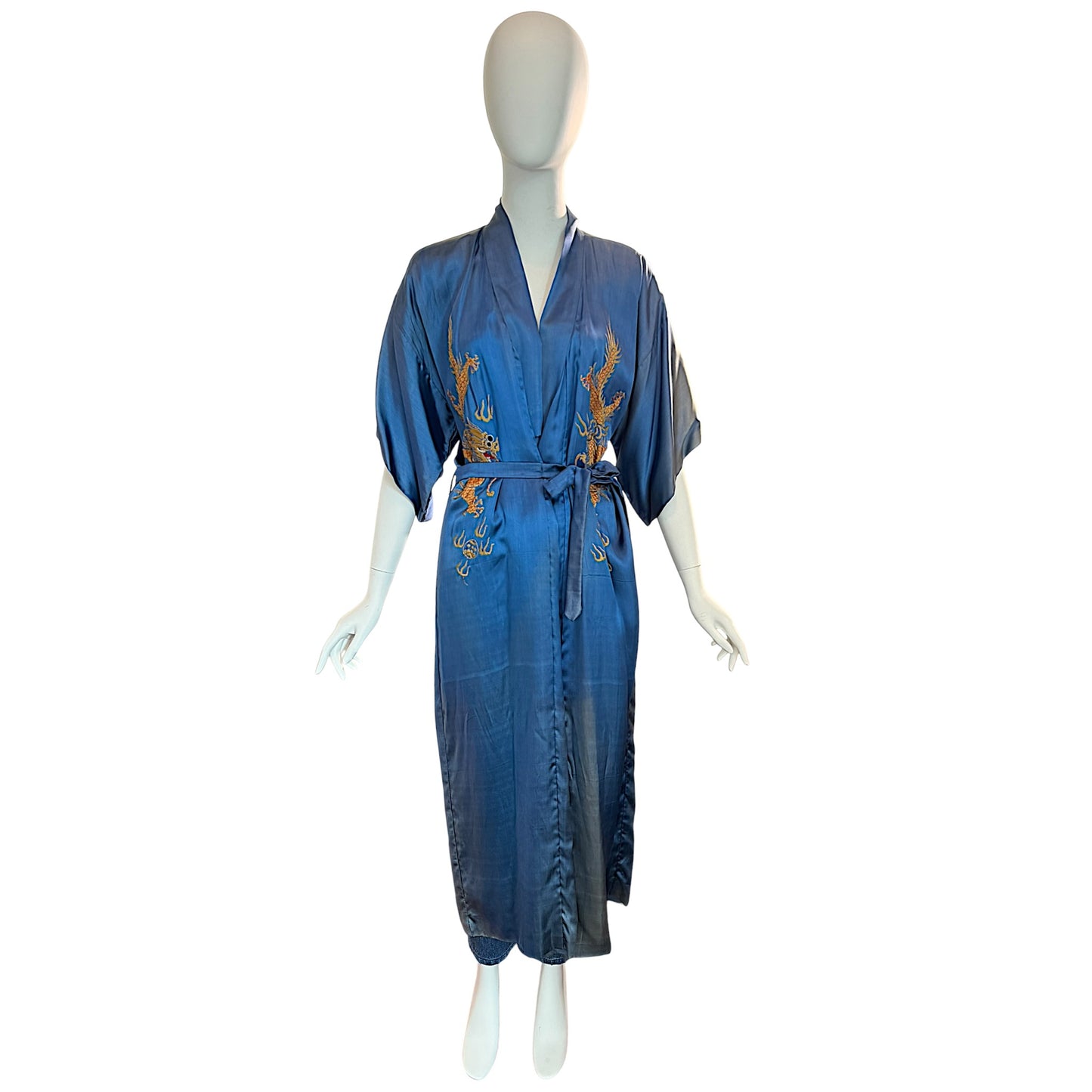 1940s Hand-Embroidered Dragon Silk Robe | Blue & Pink Double Lined Orientalist Lounge Coat