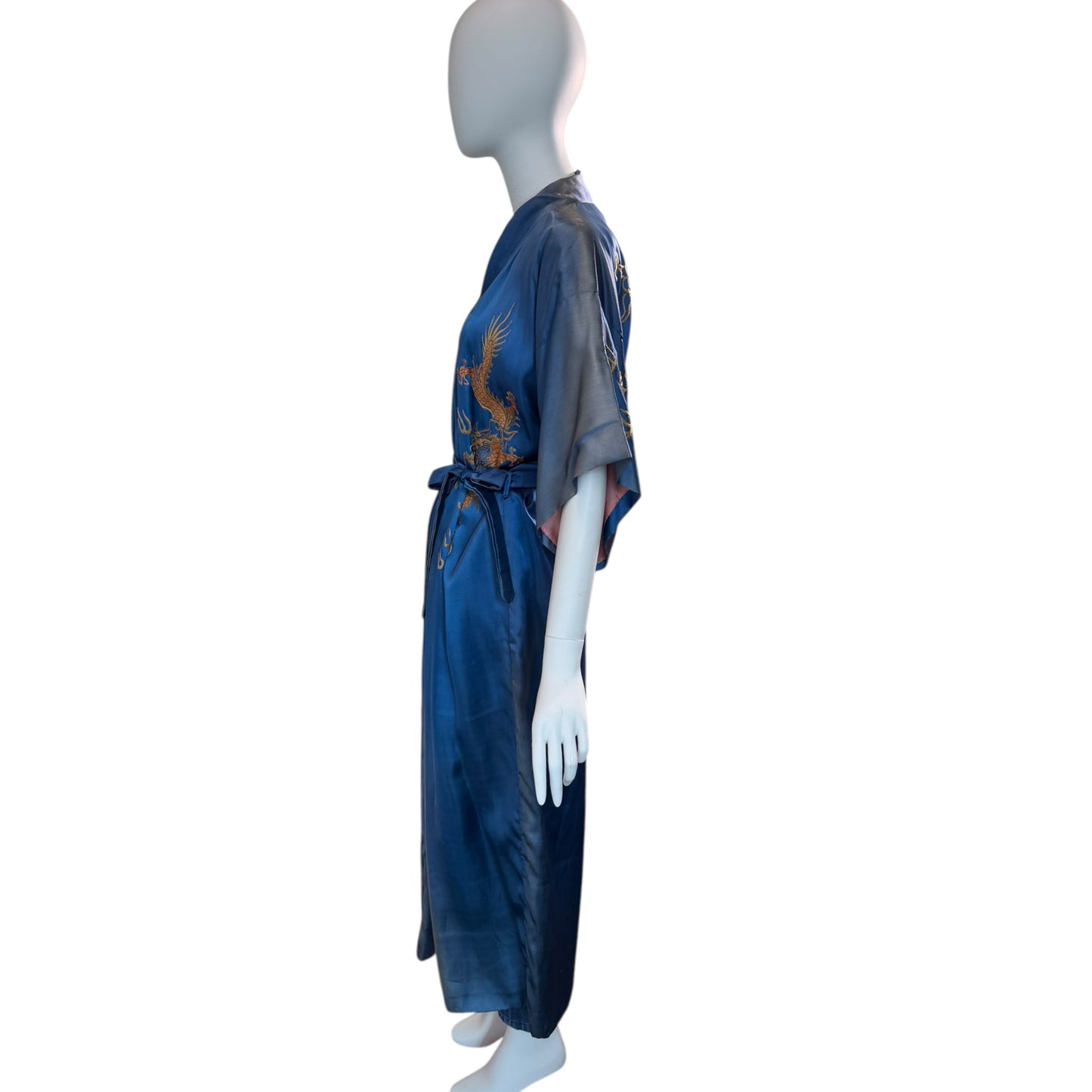 1940s Hand-Embroidered Dragon Silk Robe | Blue & Pink Double Lined Orientalist Lounge Coat