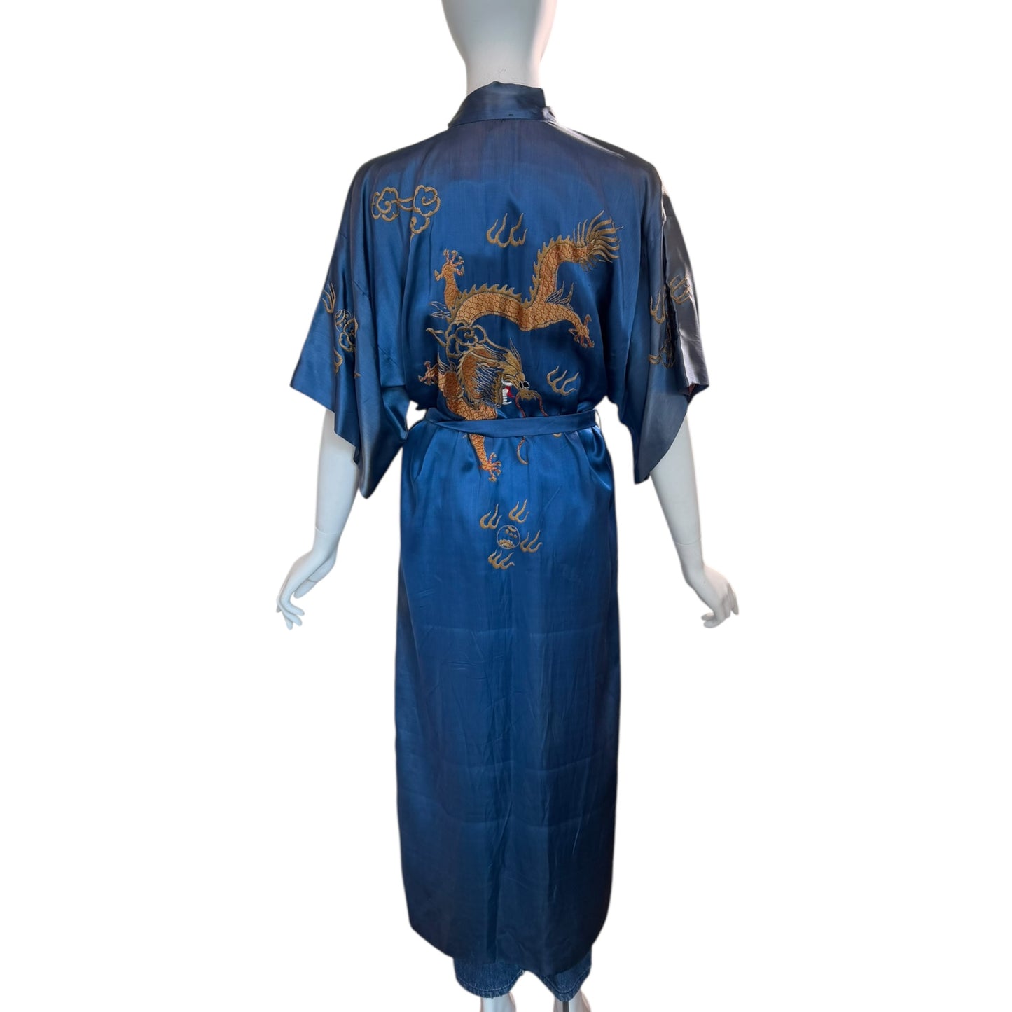 1940s Hand-Embroidered Dragon Silk Robe | Blue & Pink Double Lined Orientalist Lounge Coat