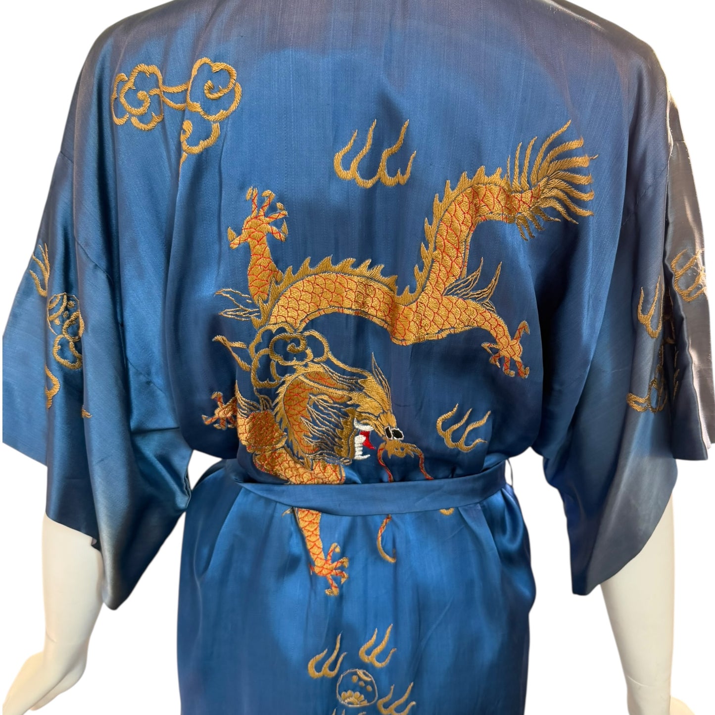 1940s Hand-Embroidered Dragon Silk Robe | Blue & Pink Double Lined Orientalist Lounge Coat