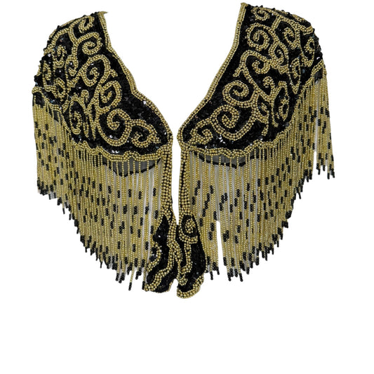 Vintage David Howard Black Silk Beaded Sequin Fringe Shawl with Gold Scroll Embroidery