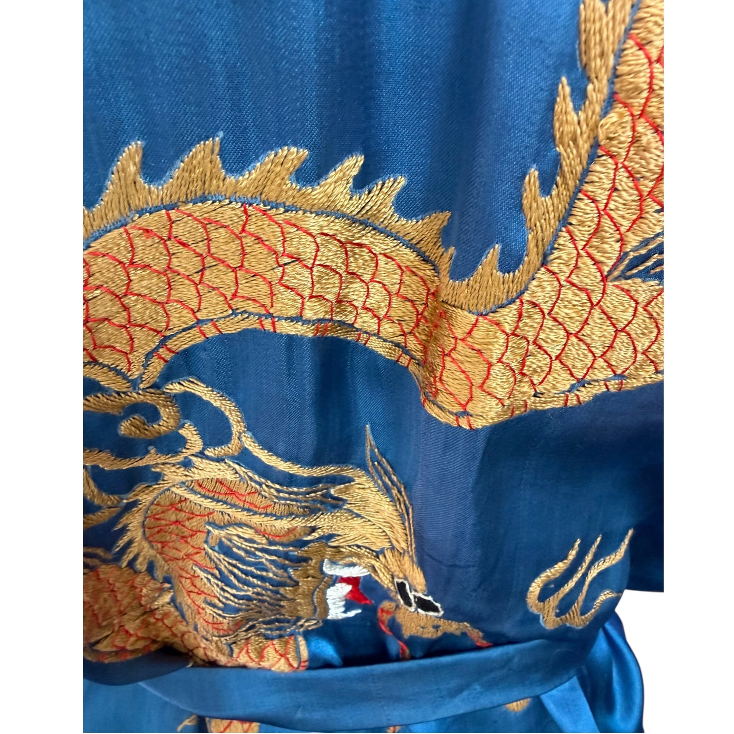 1940s Hand-Embroidered Dragon Silk Robe | Blue & Pink Double Lined Orientalist Lounge Coat