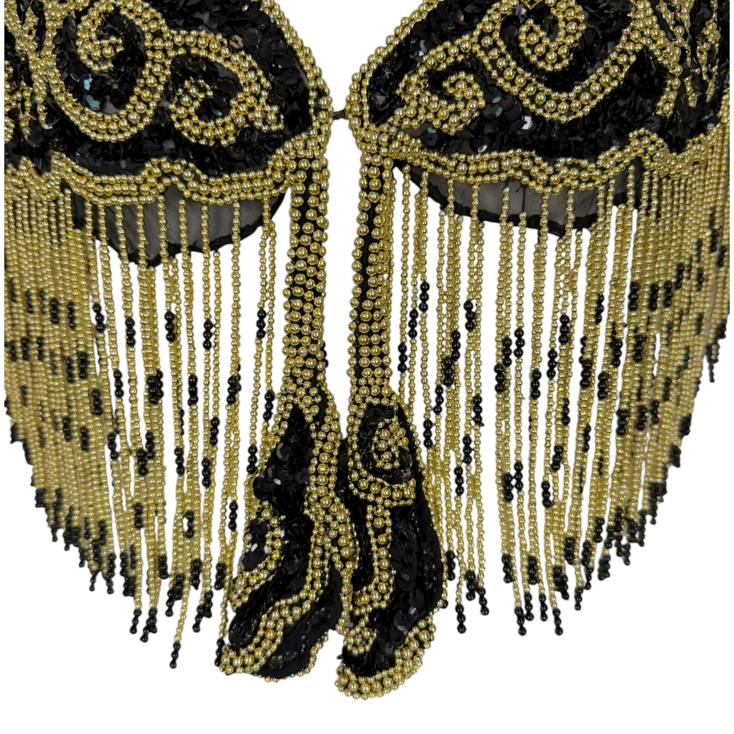 Vintage David Howard Black Silk Beaded Sequin Fringe Shawl with Gold Scroll Embroidery