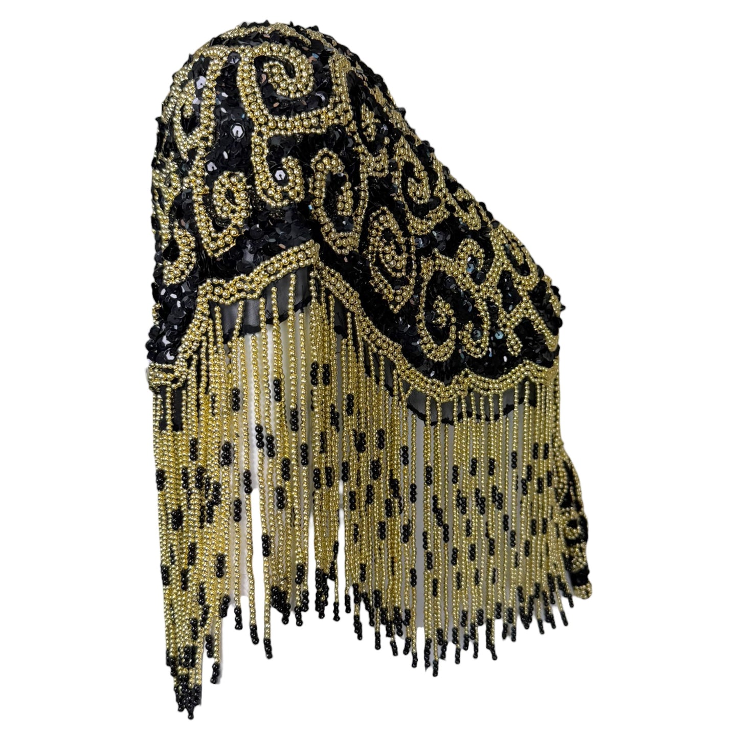 Vintage David Howard Black Silk Beaded Sequin Fringe Shawl with Gold Scroll Embroidery