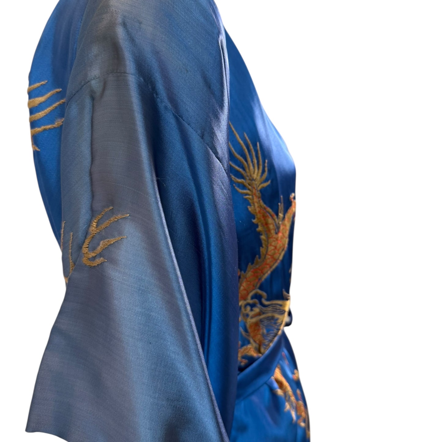 1940s Hand-Embroidered Dragon Silk Robe | Blue & Pink Double Lined Orientalist Lounge Coat