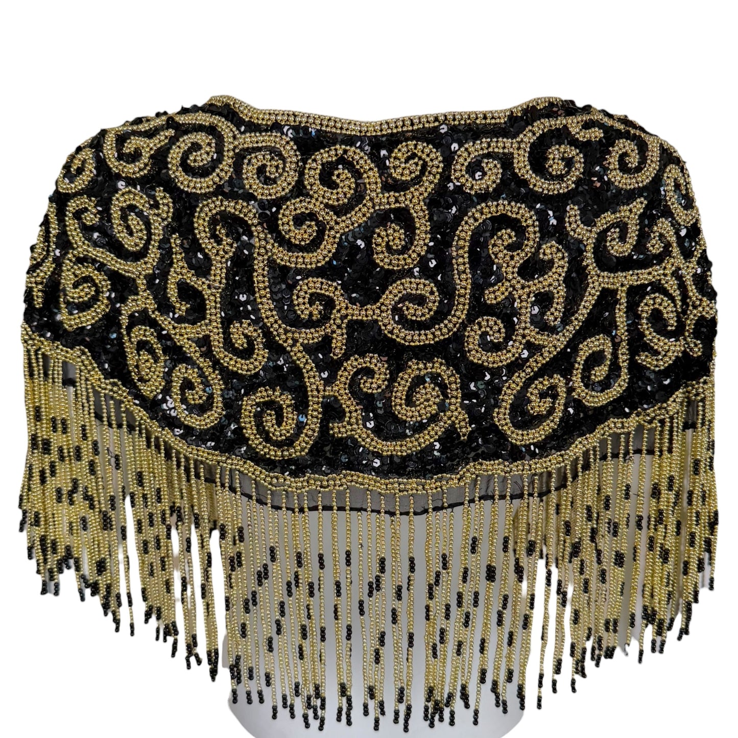 Vintage David Howard Black Silk Beaded Sequin Fringe Shawl with Gold Scroll Embroidery