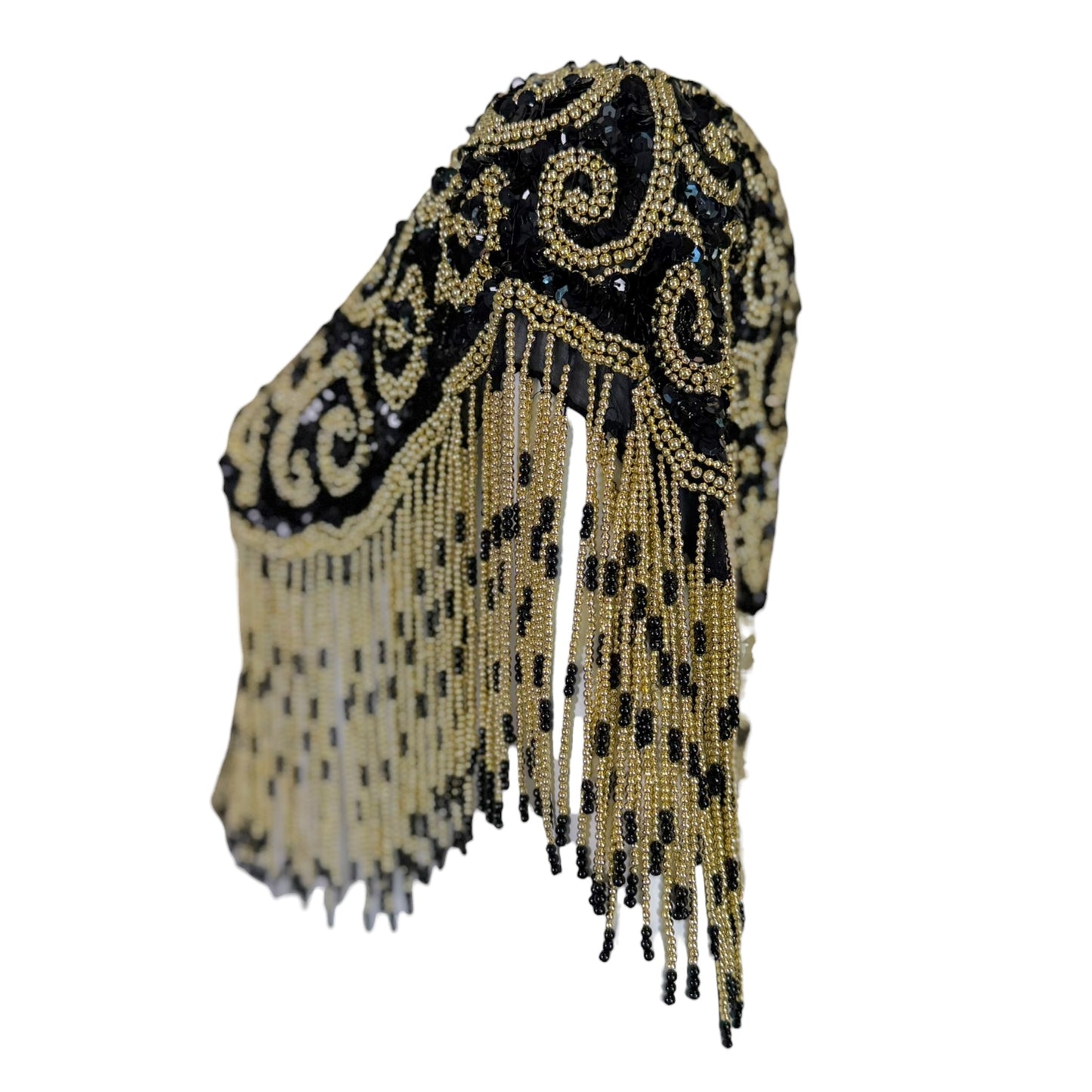 Vintage David Howard Black Silk Beaded Sequin Fringe Shawl with Gold Scroll Embroidery