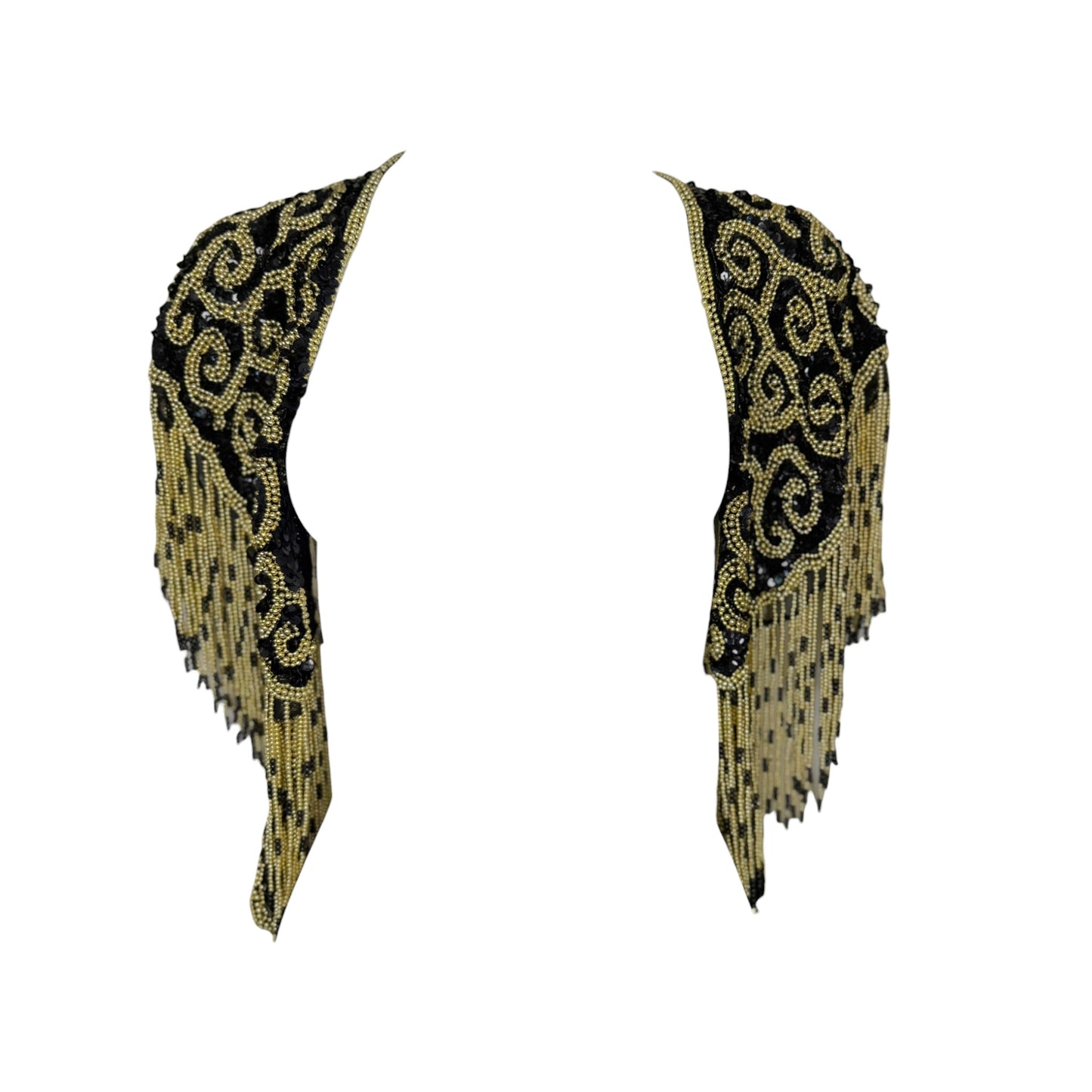Vintage David Howard Black Silk Beaded Sequin Fringe Shawl with Gold Scroll Embroidery