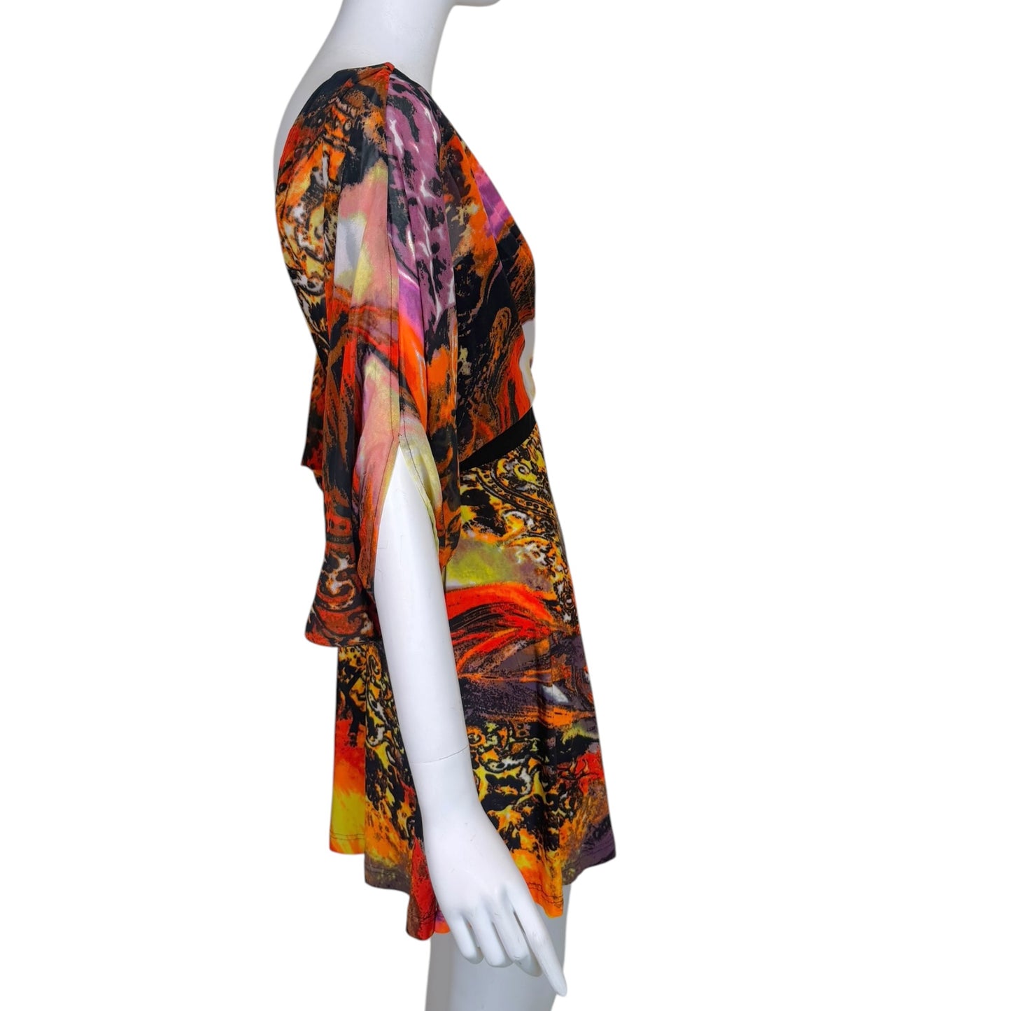Roberto Cavalli Late 2000s Multicolor Abstract Animal Print Kimono Sleeve Dress – Size Medium