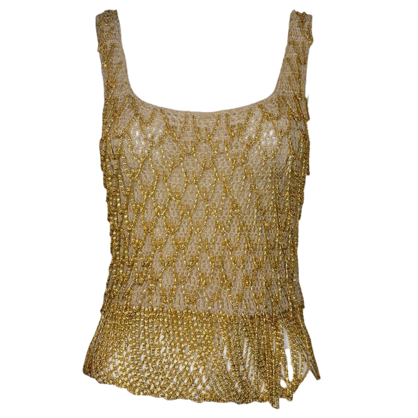 Vintage Loris Azzaro 1970s Beige & Gold Metallic Crochet Chain Tank Top – Size Small