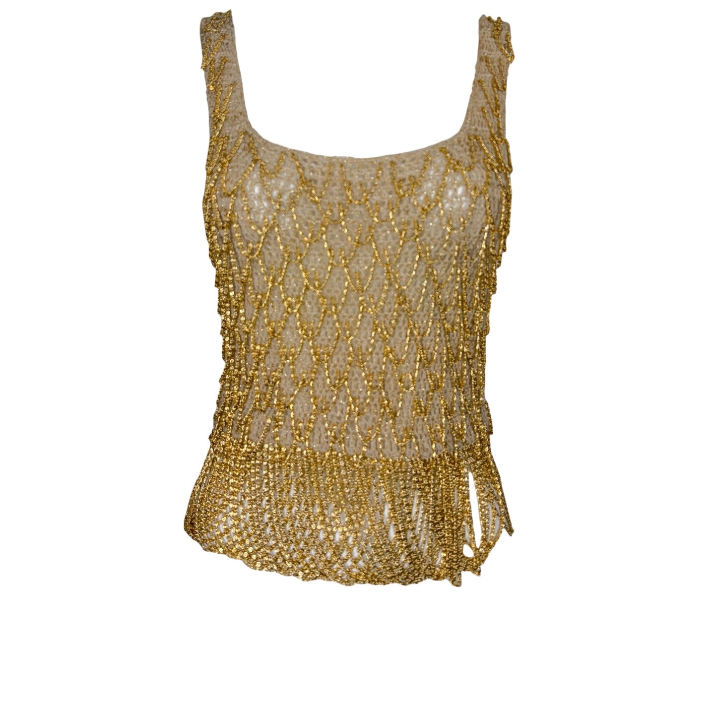 Vintage Loris Azzaro 1970s Beige & Gold Metallic Crochet Chain Tank Top – Size Small