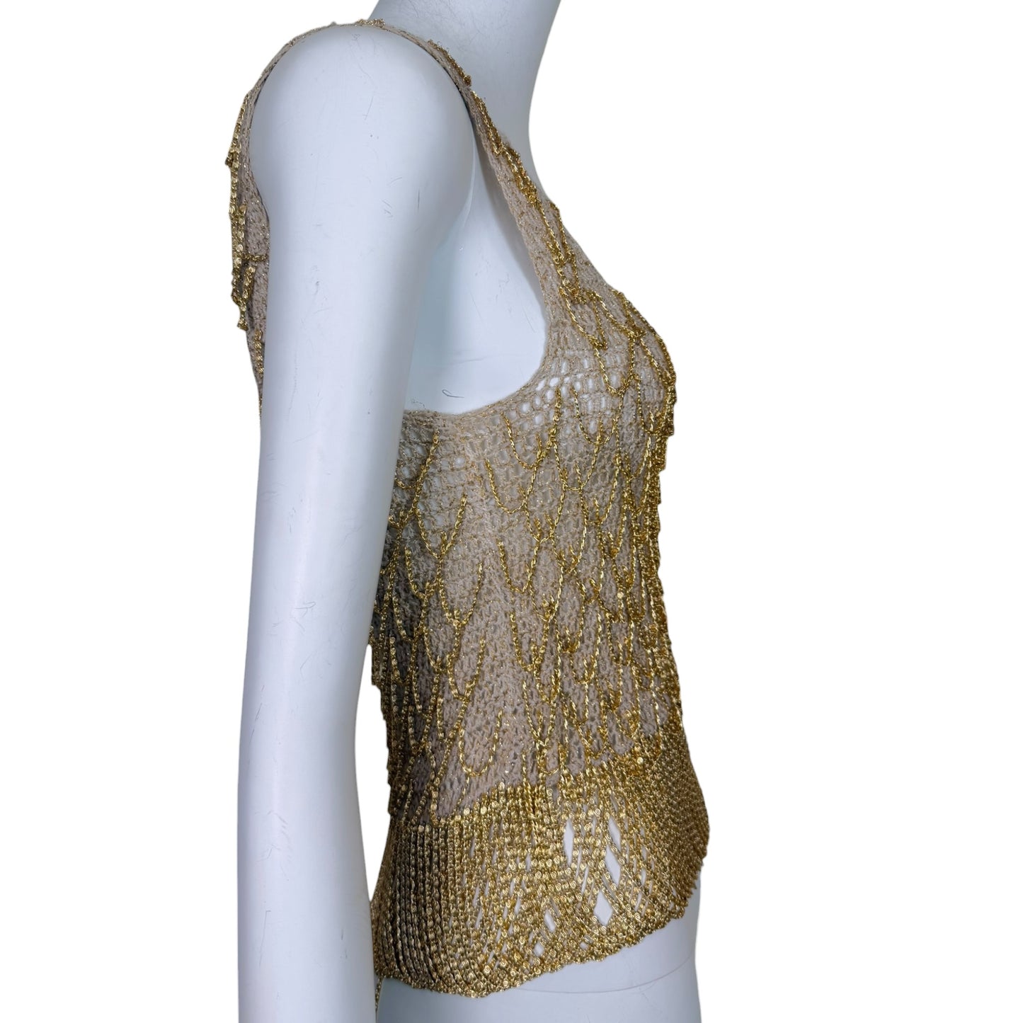 Vintage Loris Azzaro 1970s Beige & Gold Metallic Crochet Chain Tank Top – Size Small